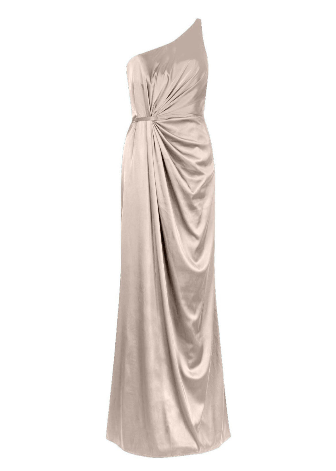 A floor length champagne satin bridesmaid dress with one shoulder and slit in skirt by TH&TH Bridesmaids.
