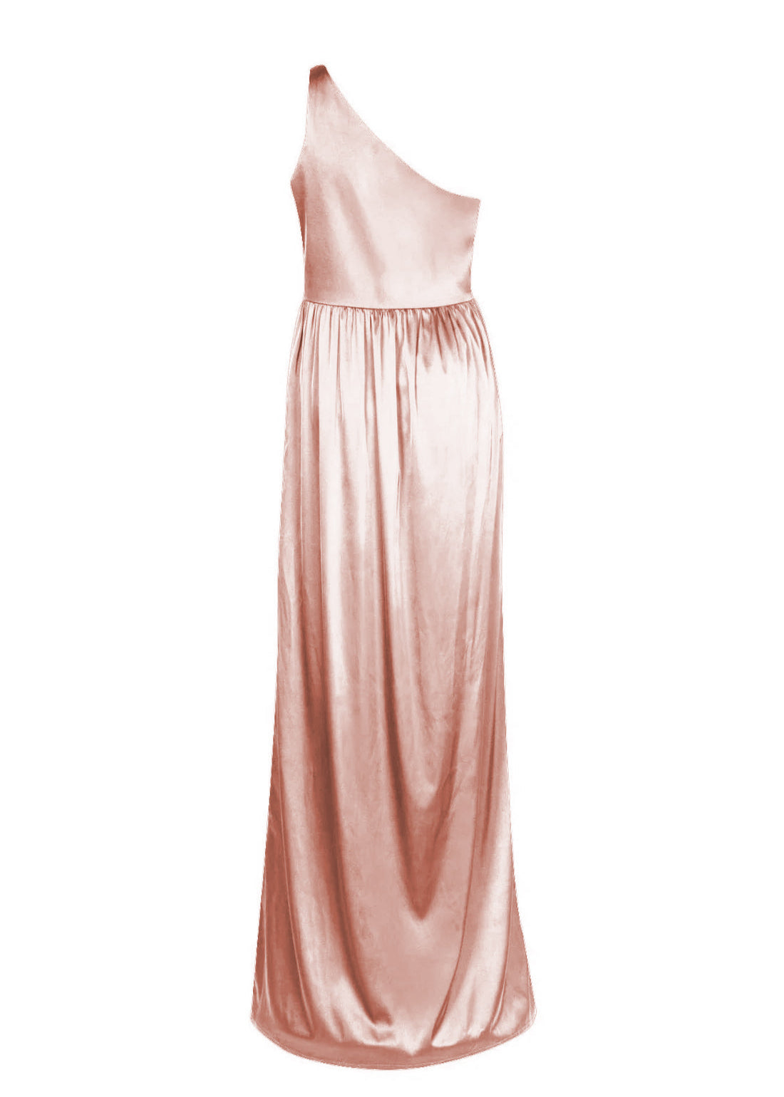 A floor length blush pink satin bridesmaid dress with one shoulder back view by TH&TH Bridesmaids.