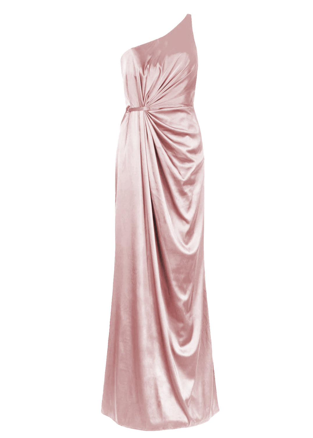 A floor length pink satin bridesmaid dress with one shoulder and slit in skirt by TH&TH Bridesmaids.
