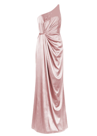 A floor length pink satin bridesmaid dress with one shoulder and slit in skirt by TH&TH Bridesmaids.

