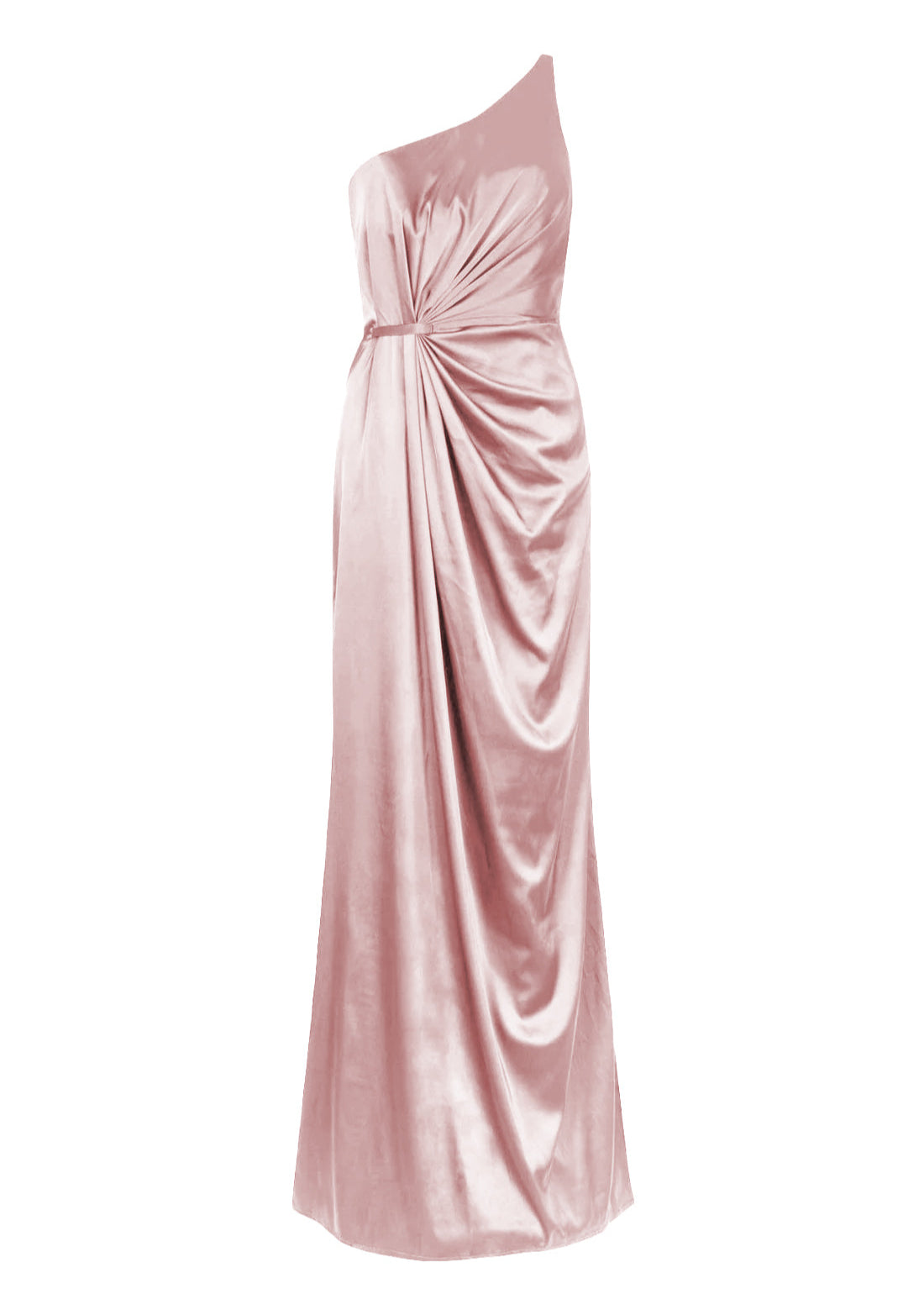A floor length blush pink satin bridesmaid dress with one shoulder and slit in skirt by TH&TH Bridesmaids.