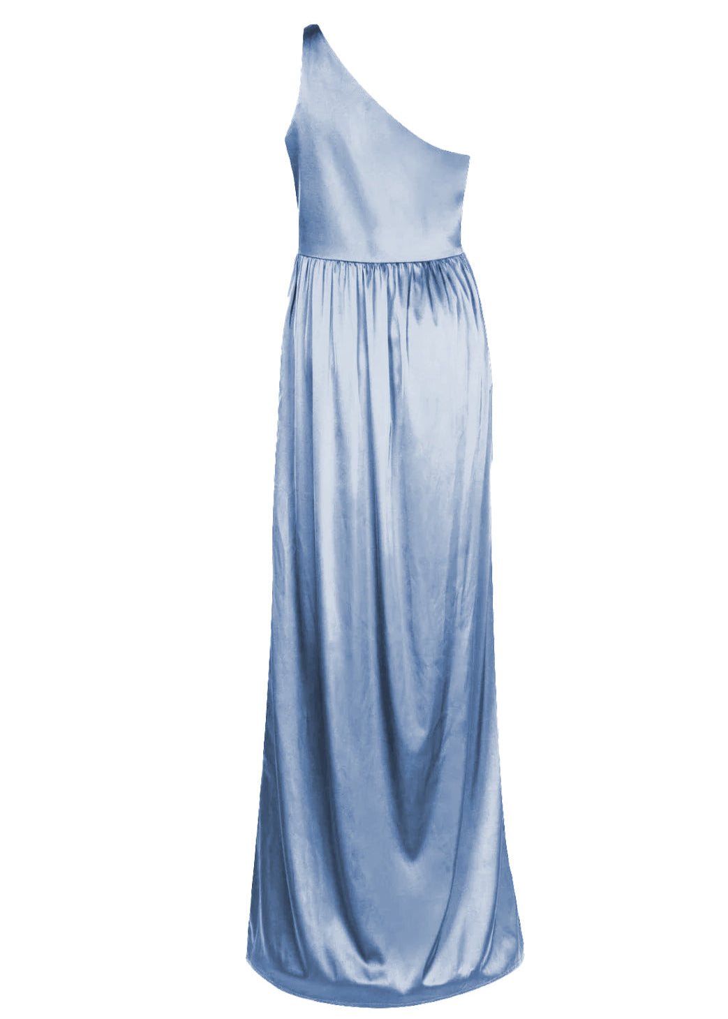 A floor length dusty blue satin bridesmaid dress with one shoulder and slit in skirt by TH&TH Bridesmaids.
