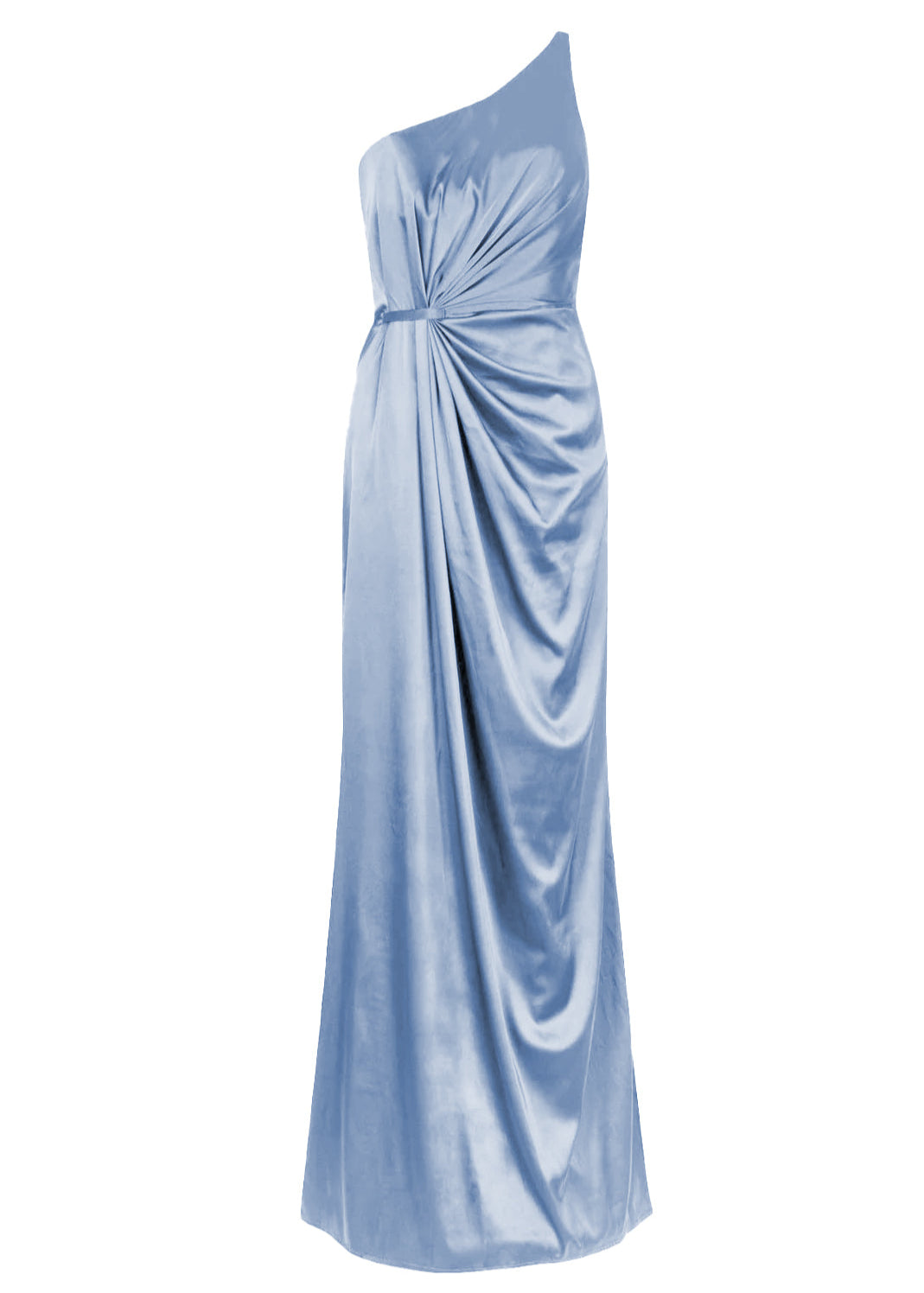 A floor length dusty blue satin bridesmaid dress with one shoulder and slit in skirt by TH&TH Bridesmaids.
