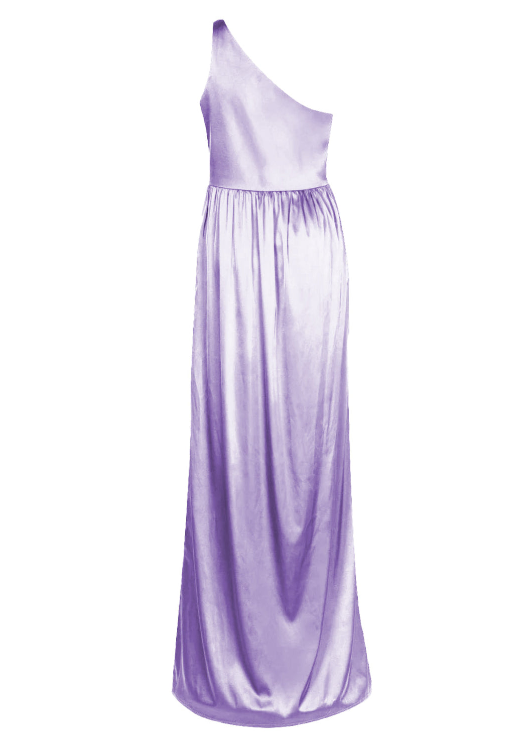 A floor length lilac satin bridesmaid dress with one shoulder and slit in skirt by TH&TH Bridesmaids.
