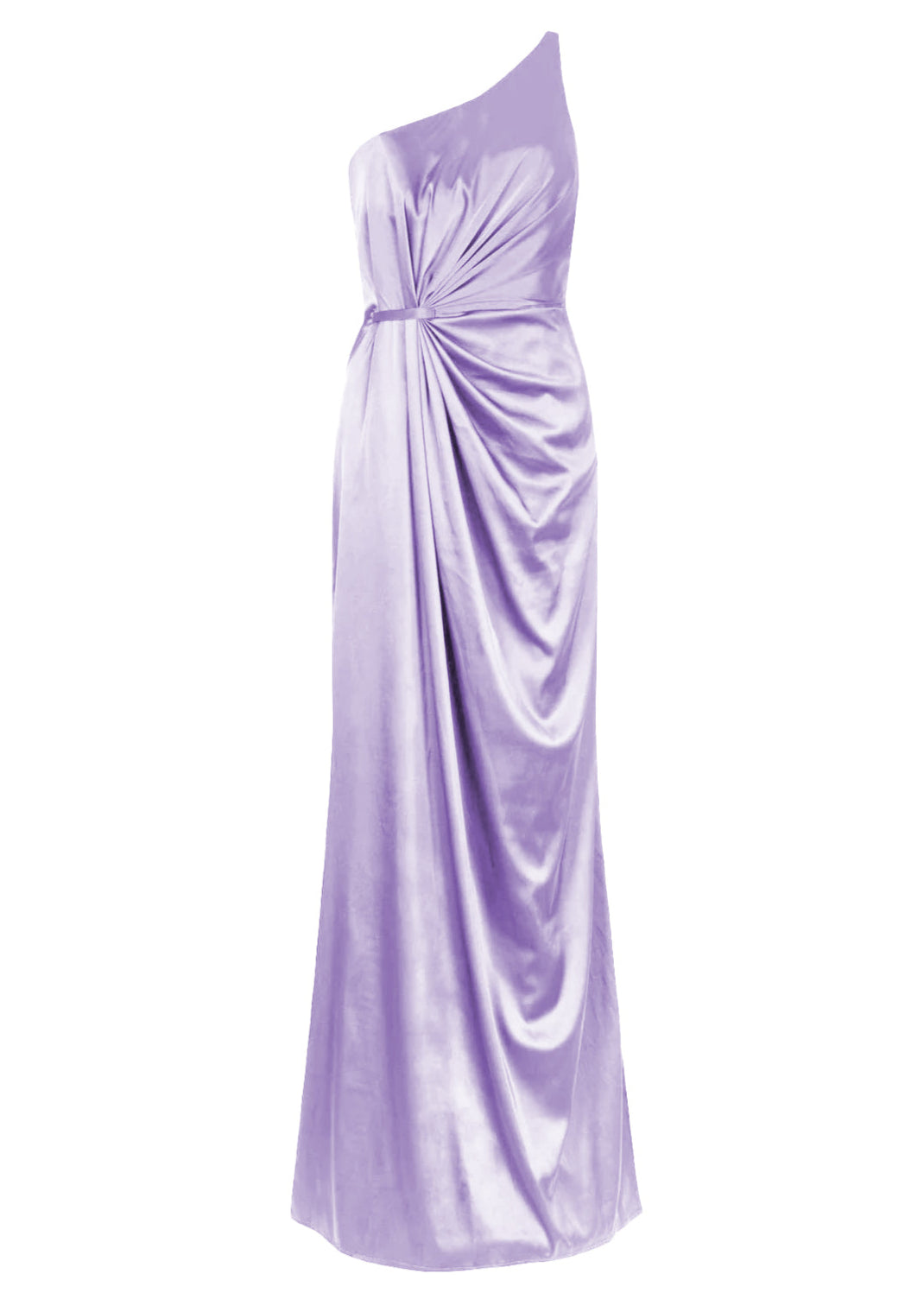 A floor length lilac satin bridesmaid dress with one shoulder and slit in skirt by TH&TH Bridesmaids.
