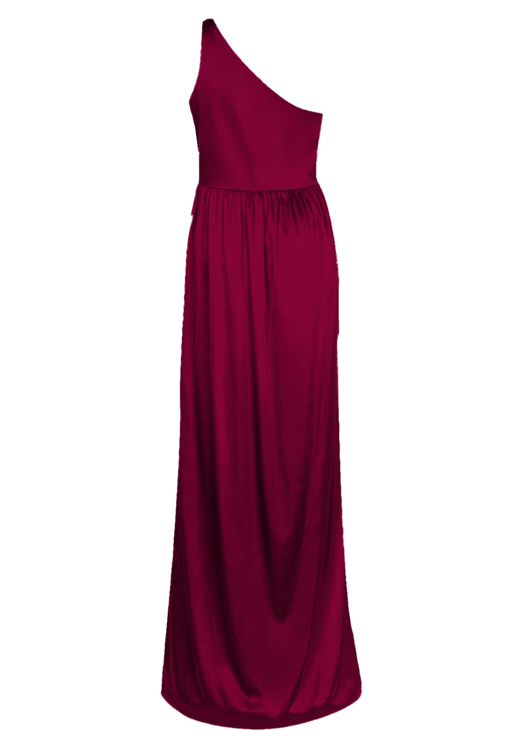 A floor length burgundy satin bridesmaid dress with one shoulder and slit in skirt by TH&TH Bridesmaids.
