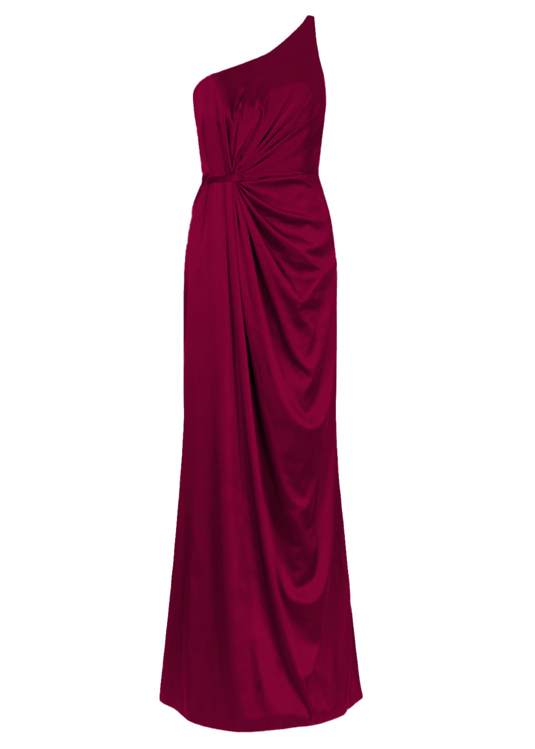 A floor length burgundy satin bridesmaid dress with one shoulder and slit in skirt by TH&TH Bridesmaids.