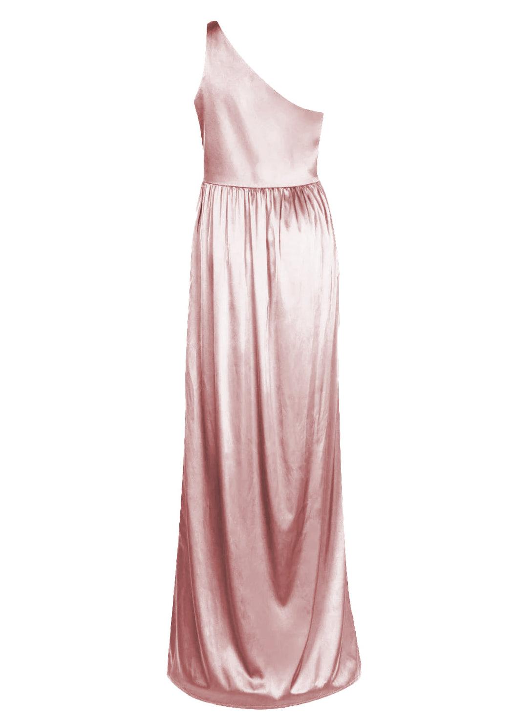 A floor length pink satin bridesmaid dress with one shoulder and gathered skirt by TH&TH Bridesmaids.
