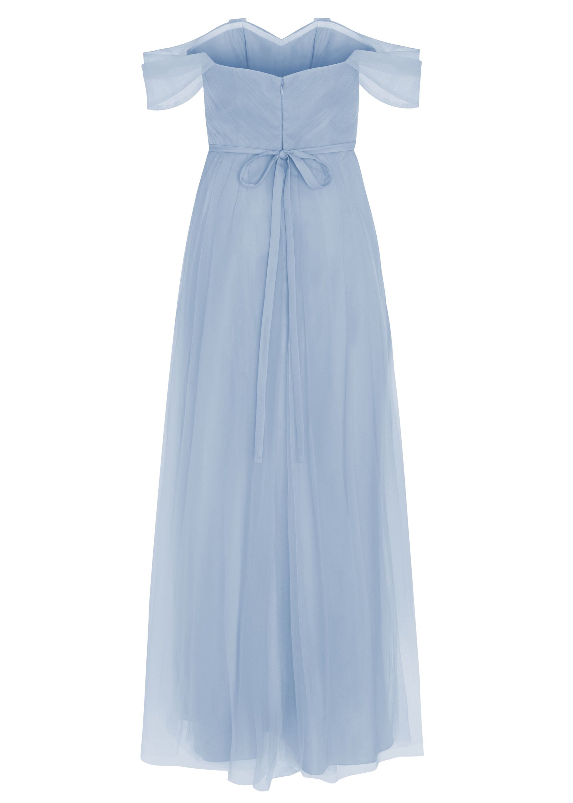 A dusty blue tulle bridesmaid dress with bardot sleeves by TH&TH Bridesmaids.
