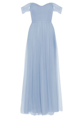 A dusty blue tulle bridesmaid dress with bardot sleeves by TH&TH Bridesmaids.

