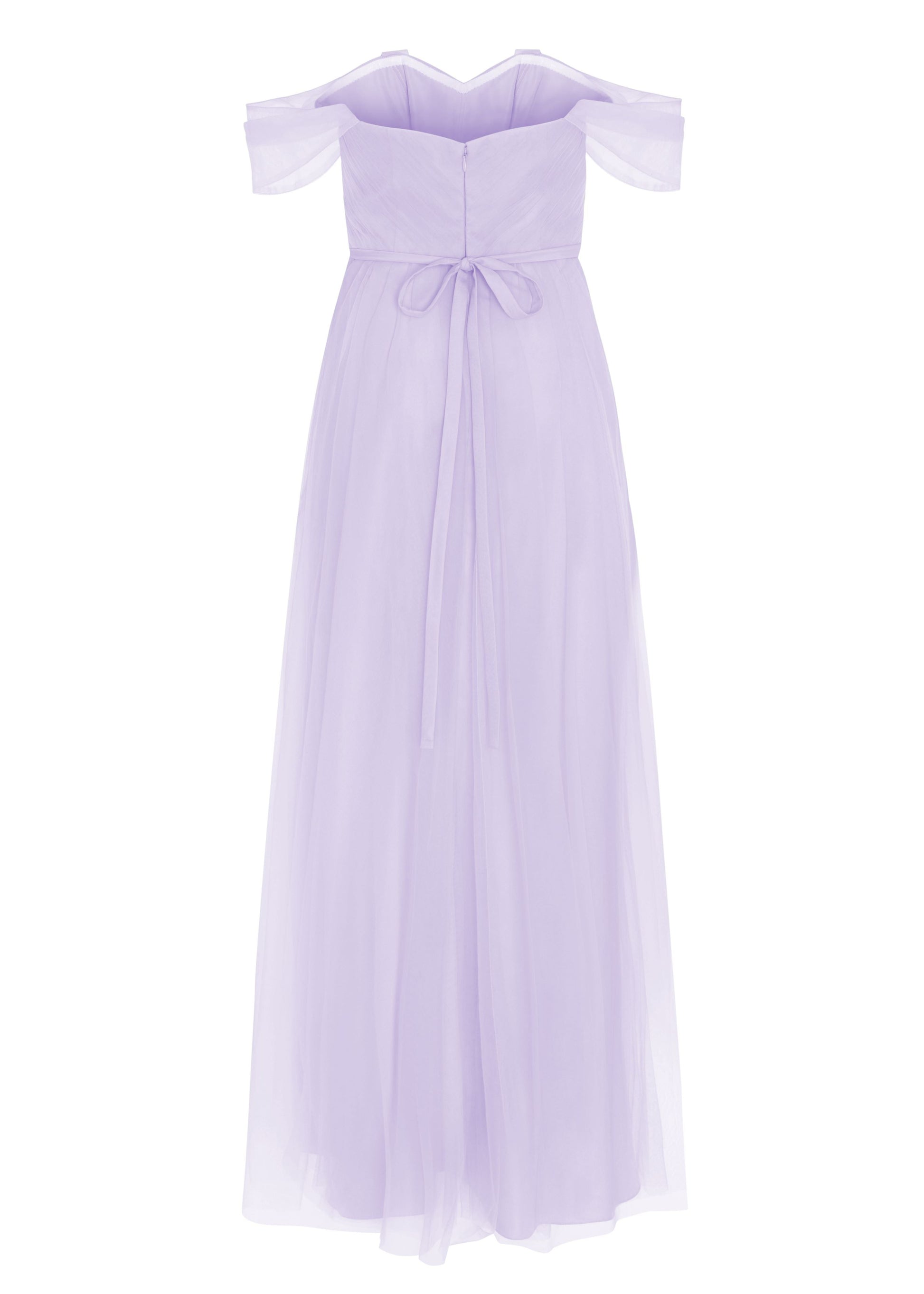 A lilac tulle bridesmaid dress with bardot sleeves by TH&TH Bridesmaids. 
