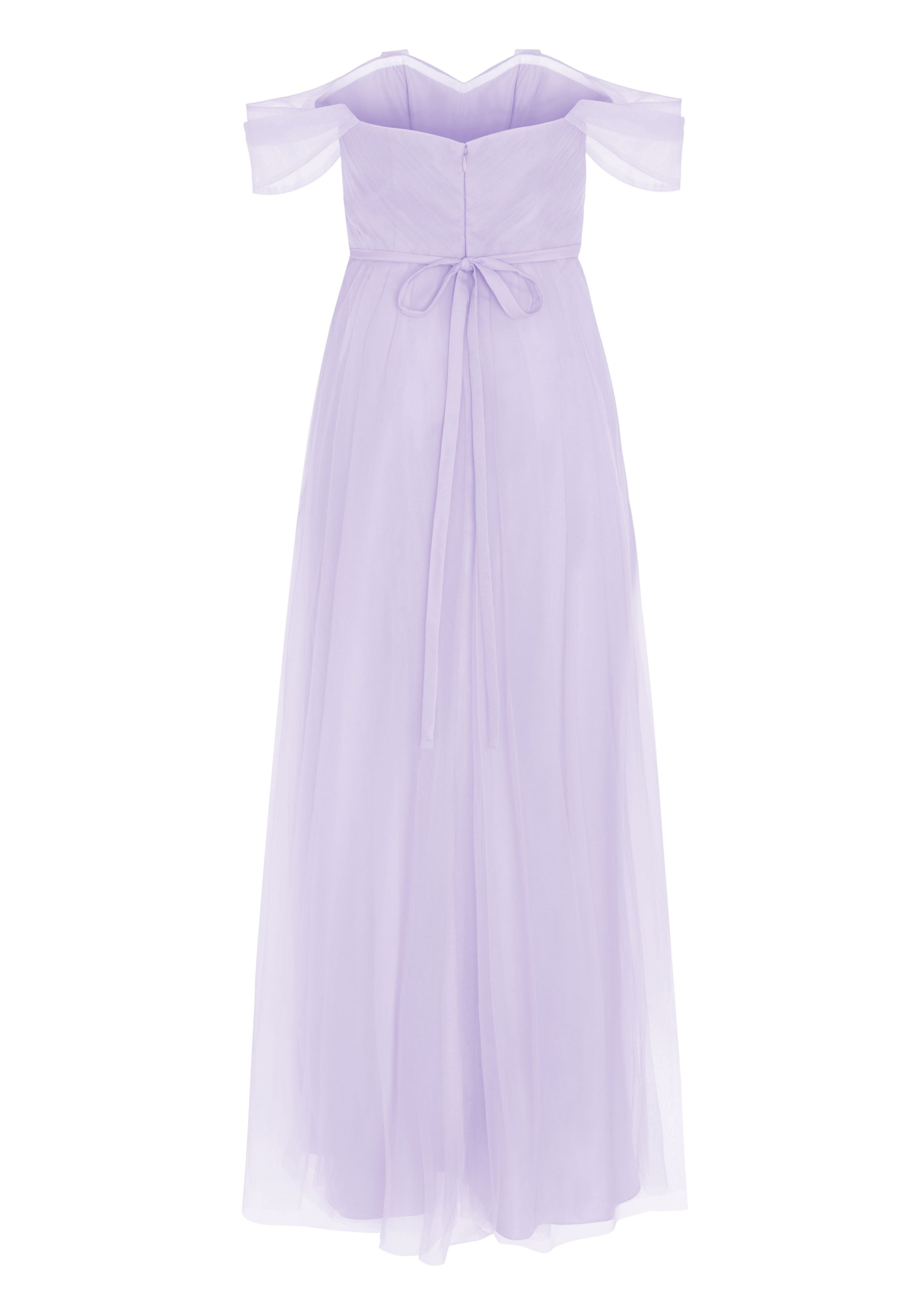 A lilac tulle bridesmaid dress with bardot sleeves by TH&TH Bridesmaids. 
