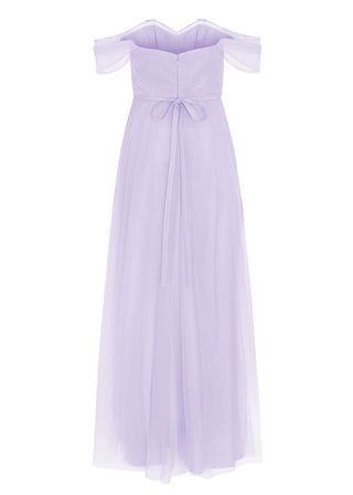 A lilac tulle bridesmaid dress with bardot sleeves by TH&TH Bridesmaids. 
