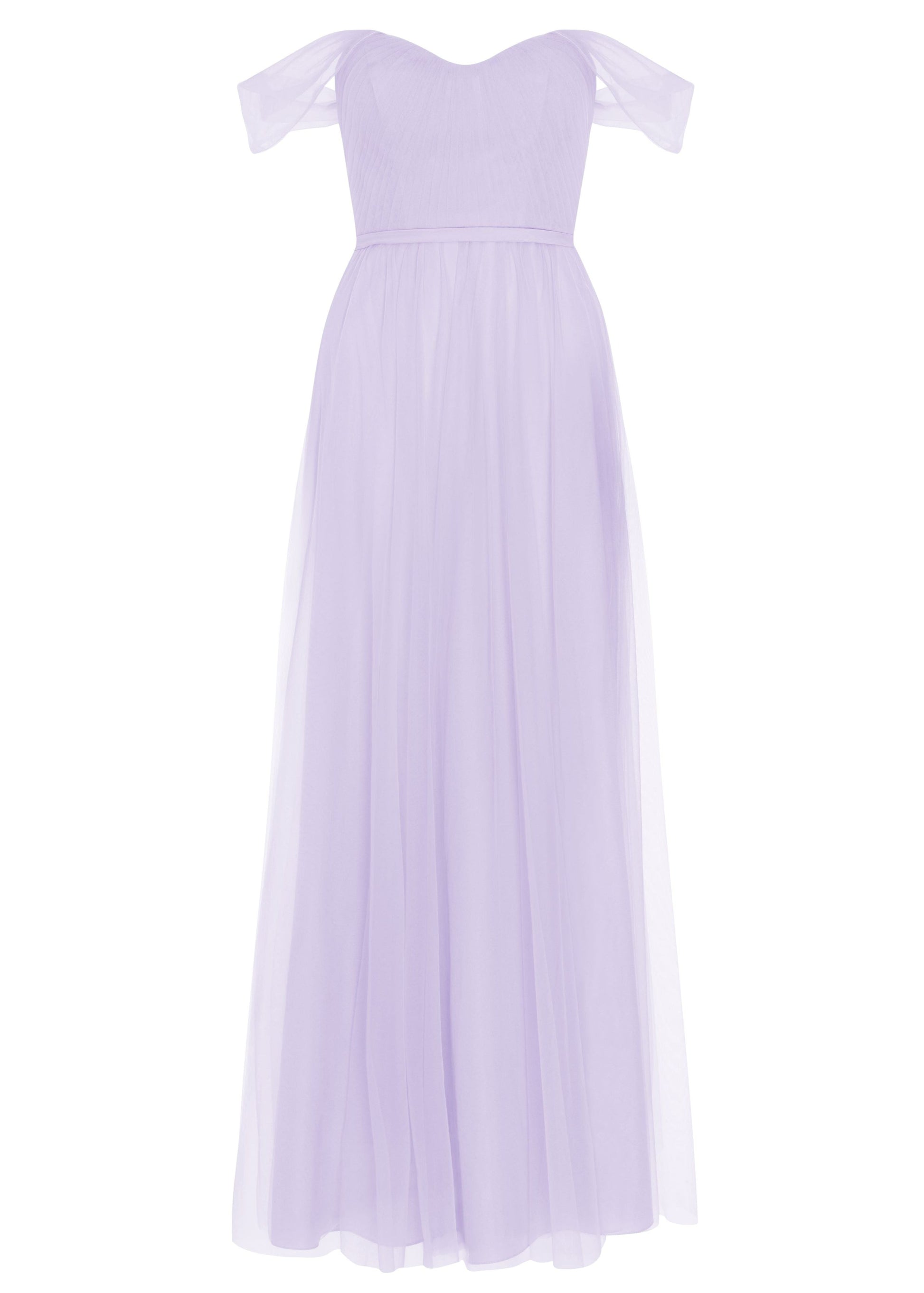 A lilac tulle bridesmaid dress with bardot sleeves by TH&TH Bridesmaids. 

