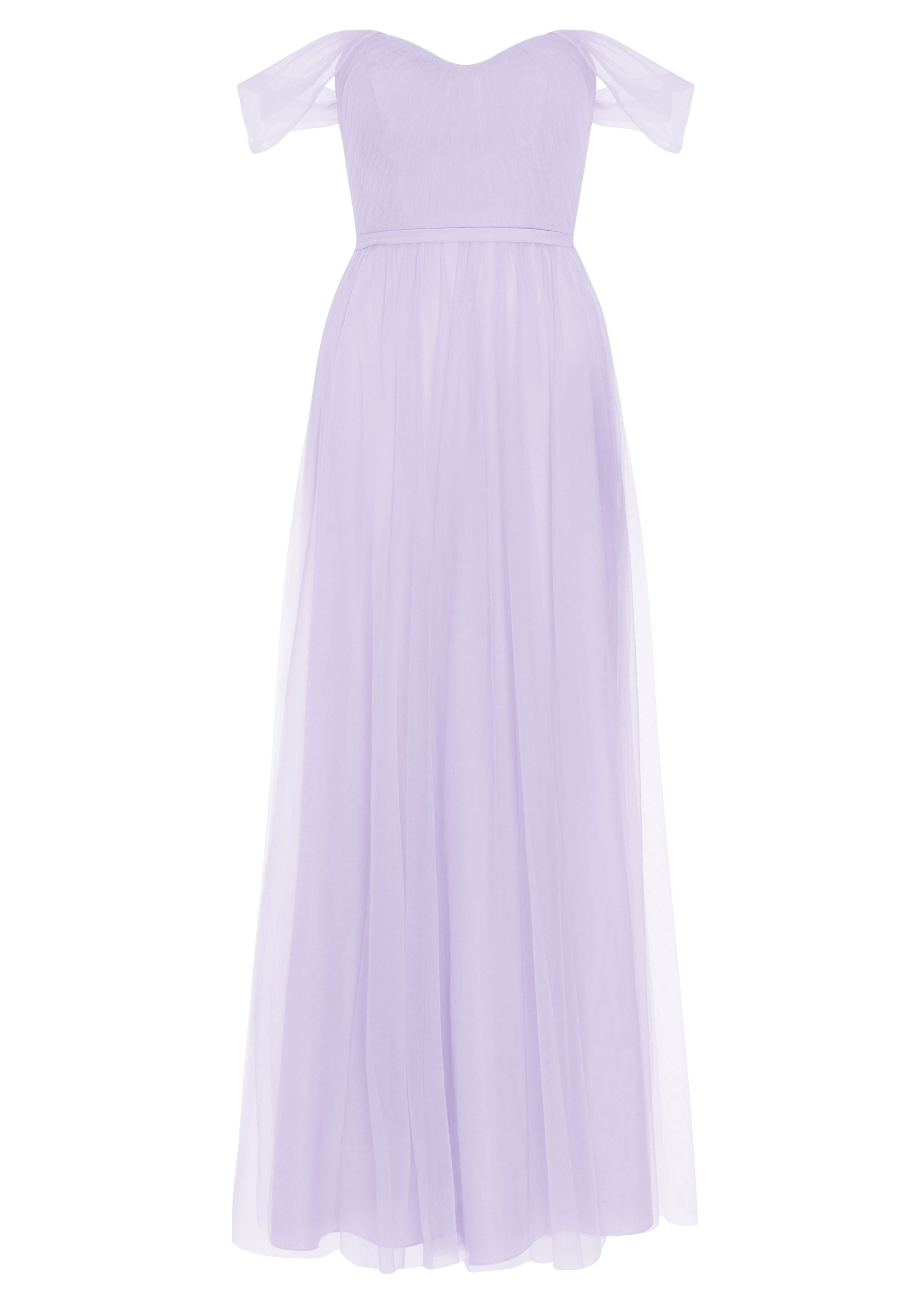 A lilac tulle bridesmaid dress with bardot sleeves by TH&TH Bridesmaids. 
