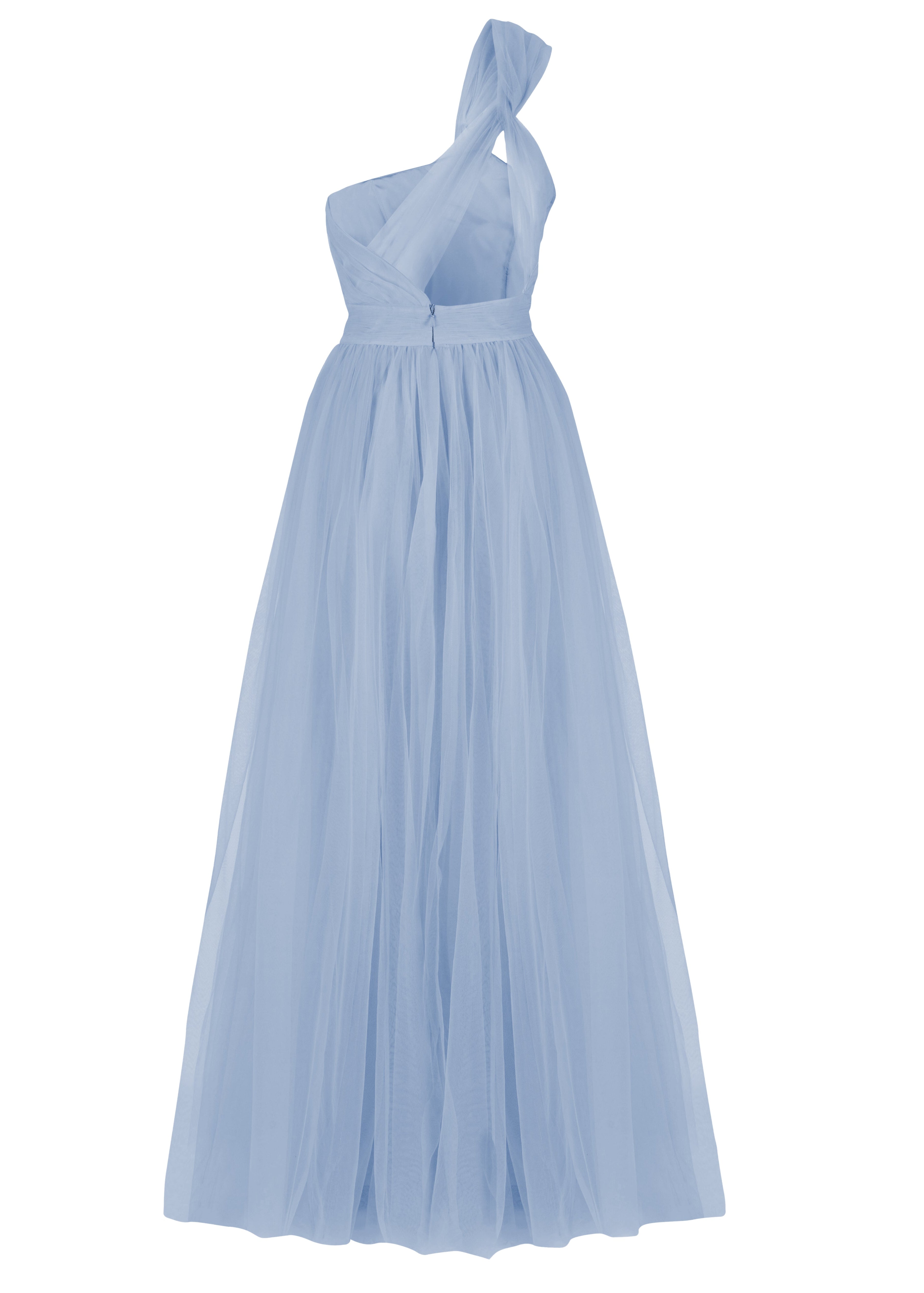 A dusty blue bridesmaid dress with one shoulder strap on a white background by TH&TH Bridesmaids. 
