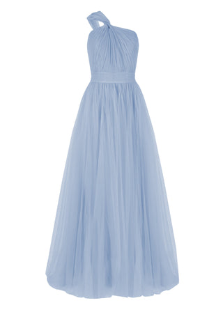 A dusty blue bridesmaid dress with one shoulder strap on a white background by TH&TH Bridesmaids. 
