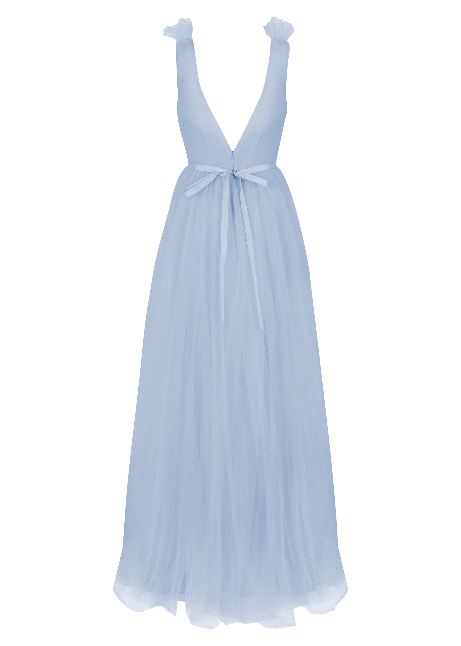 A dusty blue bridesmaid dress with mock wrap front, pleated bodice, on a white background by TH&TH Bridesmaids. 
