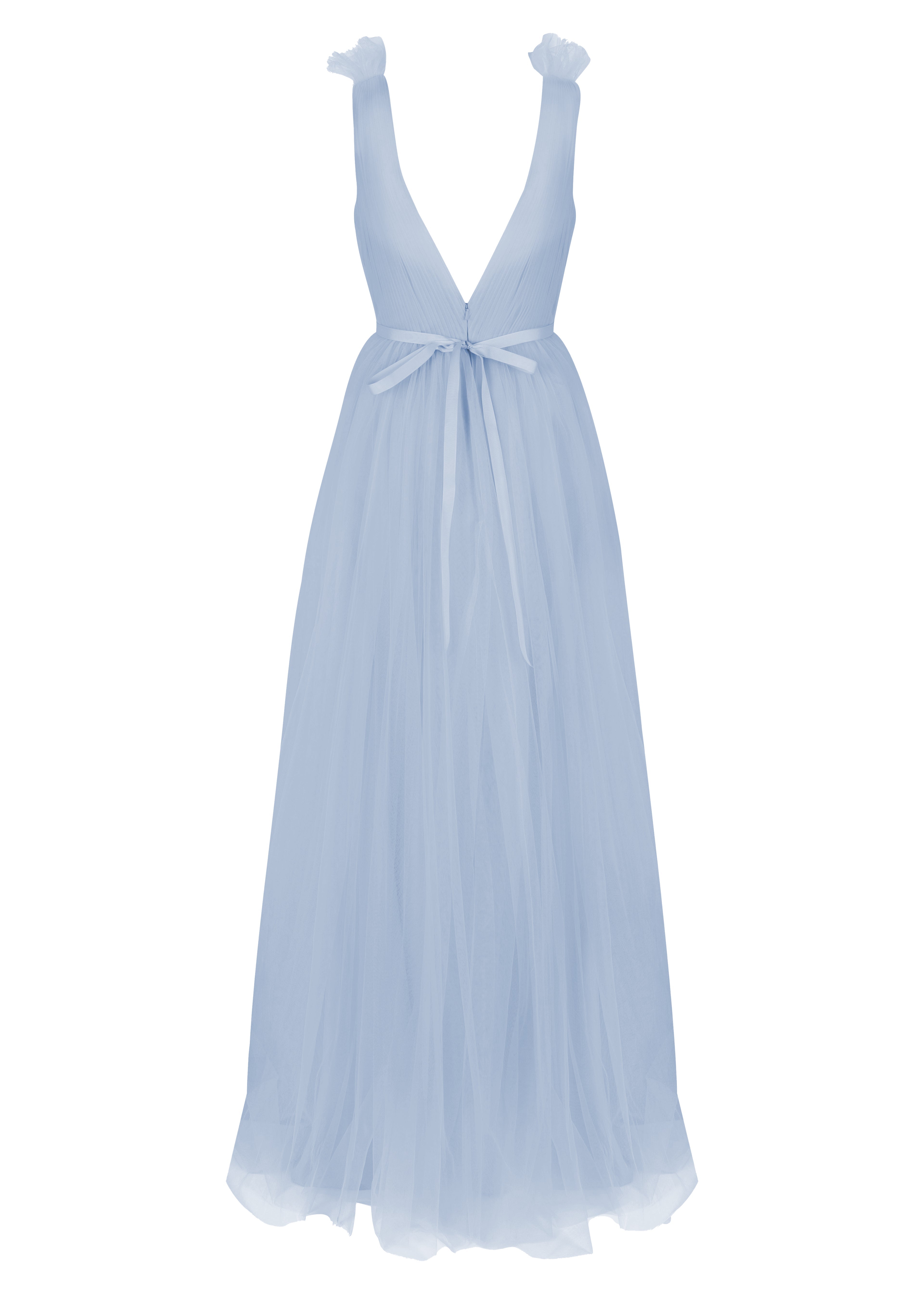 A dusty blue bridesmaid dress with mock wrap front, pleated bodice, on a white background by TH&TH Bridesmaids. 
