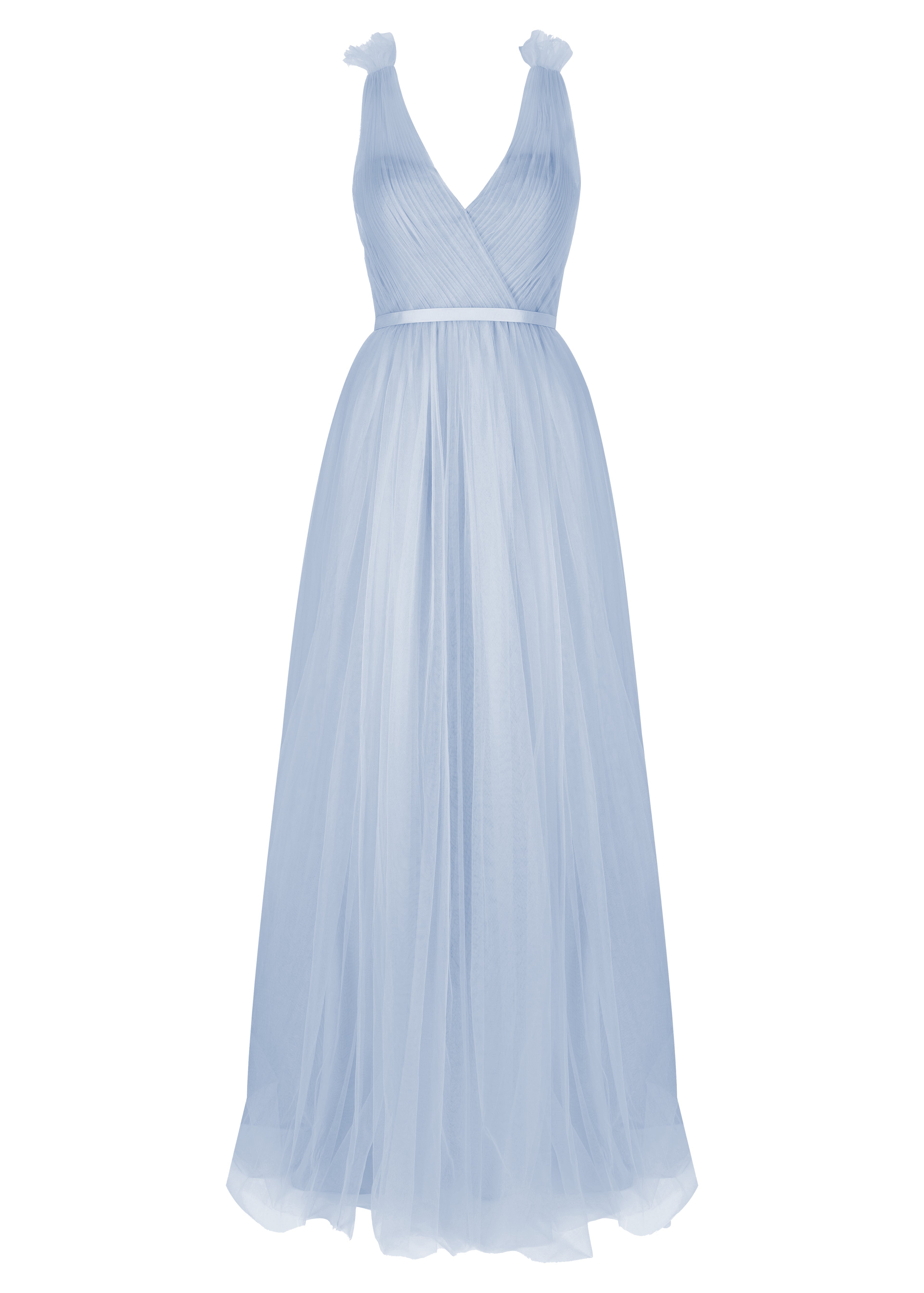 A dusty blue bridesmaid dress with mock wrap front, pleated bodice, on a white background by TH&TH Bridesmaids. 
