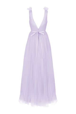 A lilac bridesmaid dress with low back and bow at back, on a white background by TH&TH Bridesmaids. 