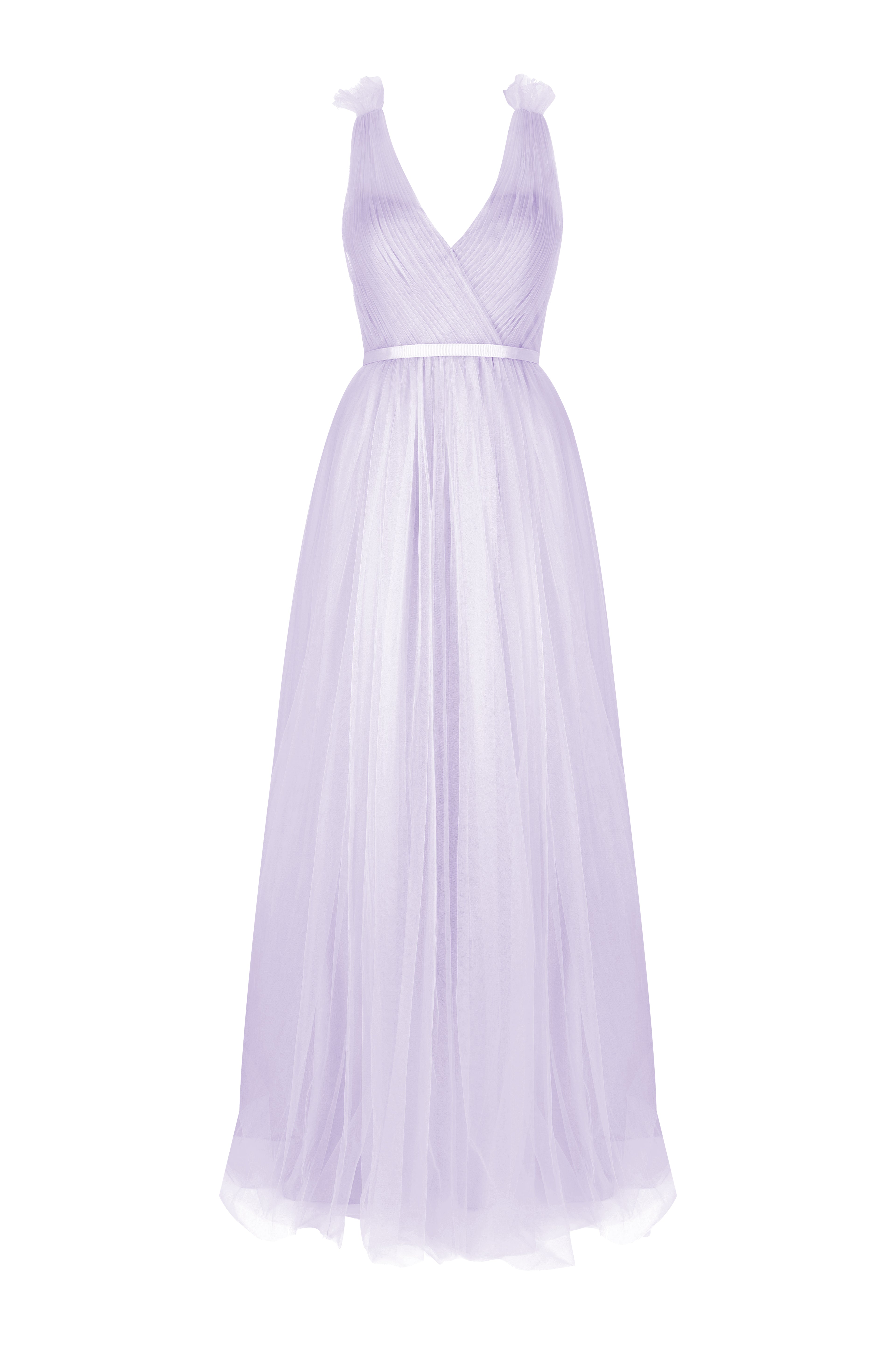 A lilac bridesmaid dress with mock wrap front, pleated bodice, on a white background by TH&TH Bridesmaids. 