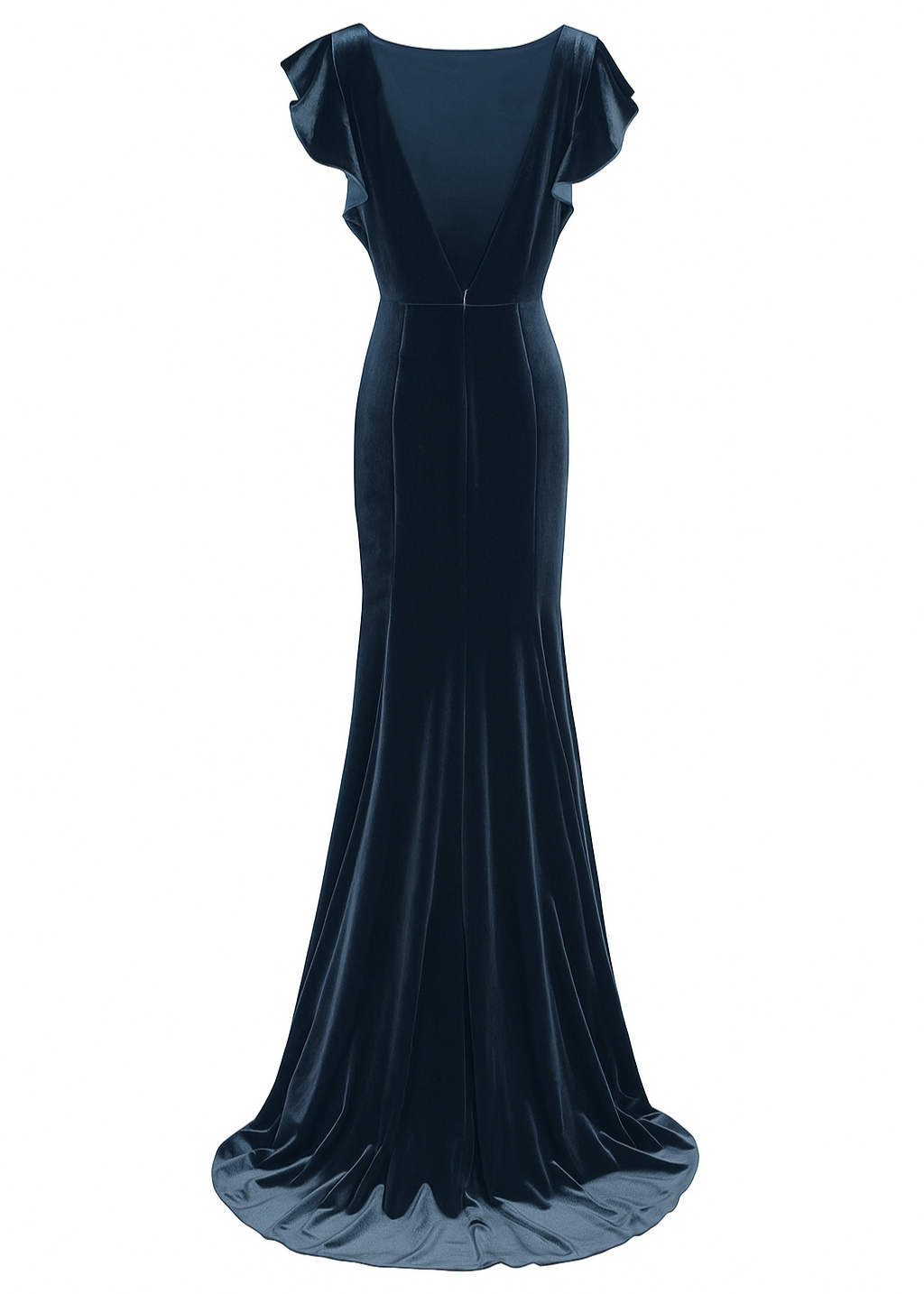 Blue velvet gown with low back on a white background by TH&TH bridesmaids.
