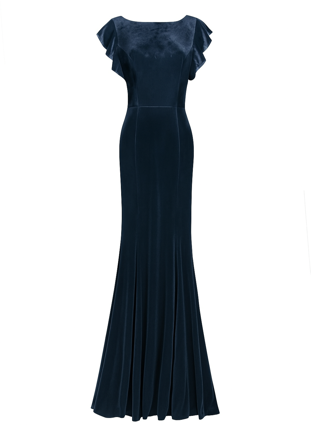 Blue velvet gown with flutter sleeves on a white background by TH&TH bridesmaids.