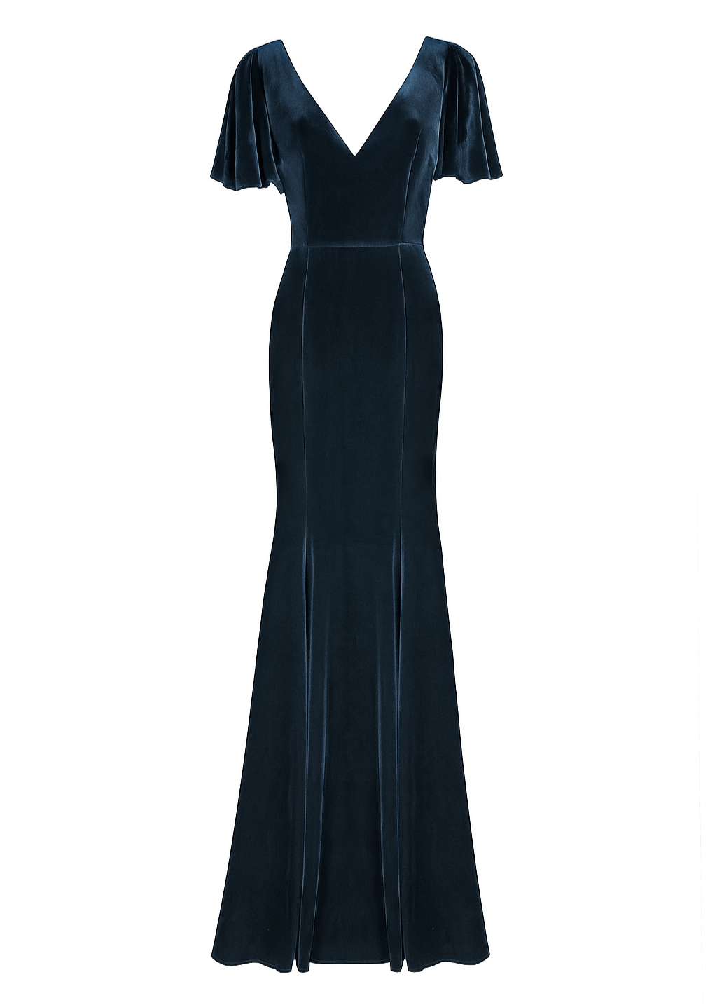 Blue velvet gown with flutter sleeves on a white background by TH&TH bridesmaids.
