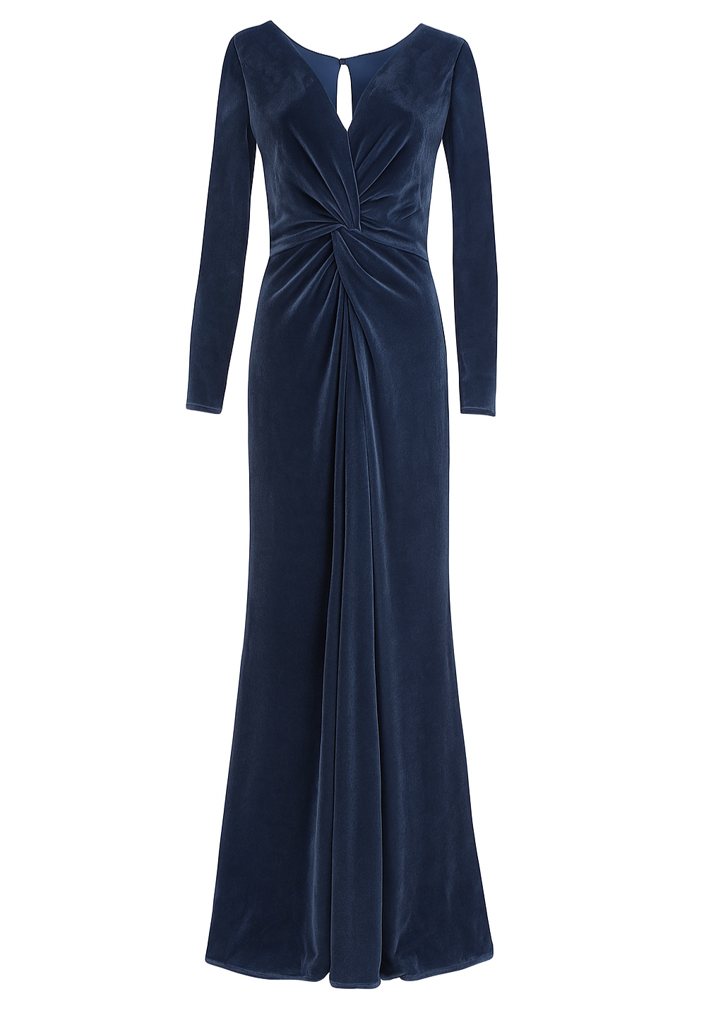Blue velvet gown with long sleeves on a white background by TH&TH bridesmaids.