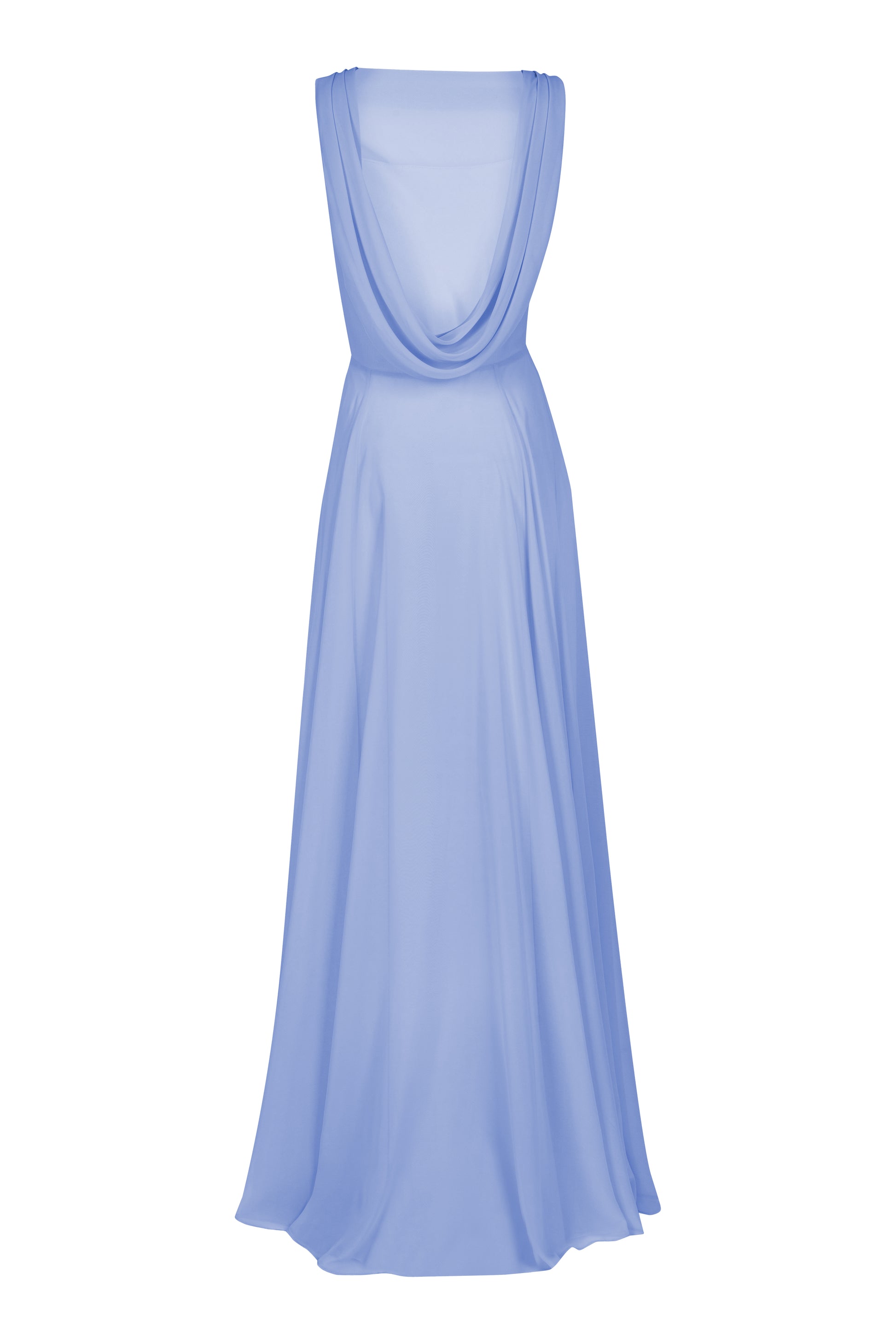 a long blue bridesmaid dress with cowl neck and cowl back in french blue chiffon.