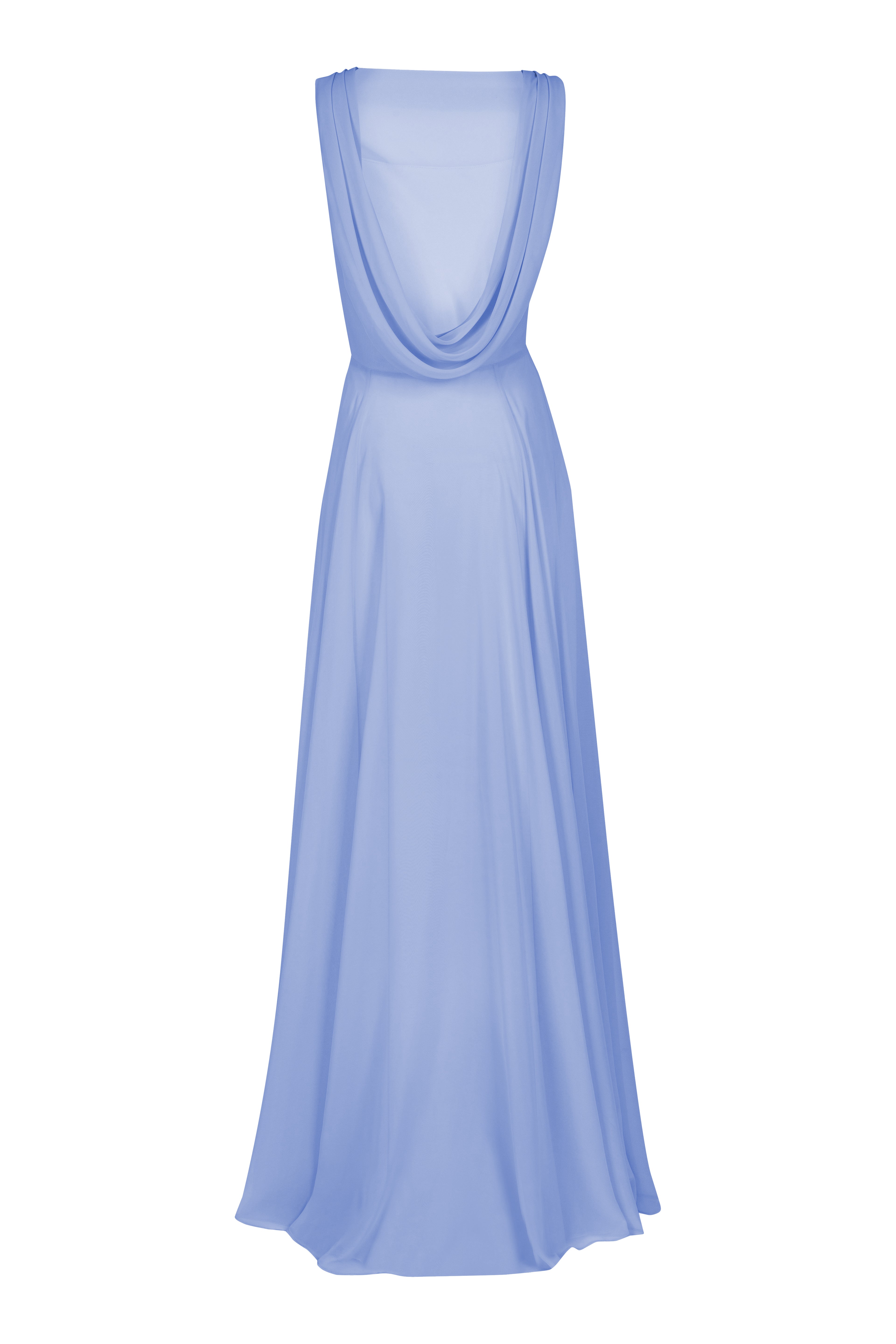 a long blue bridesmaid dress with cowl neck and cowl back in french blue chiffon.