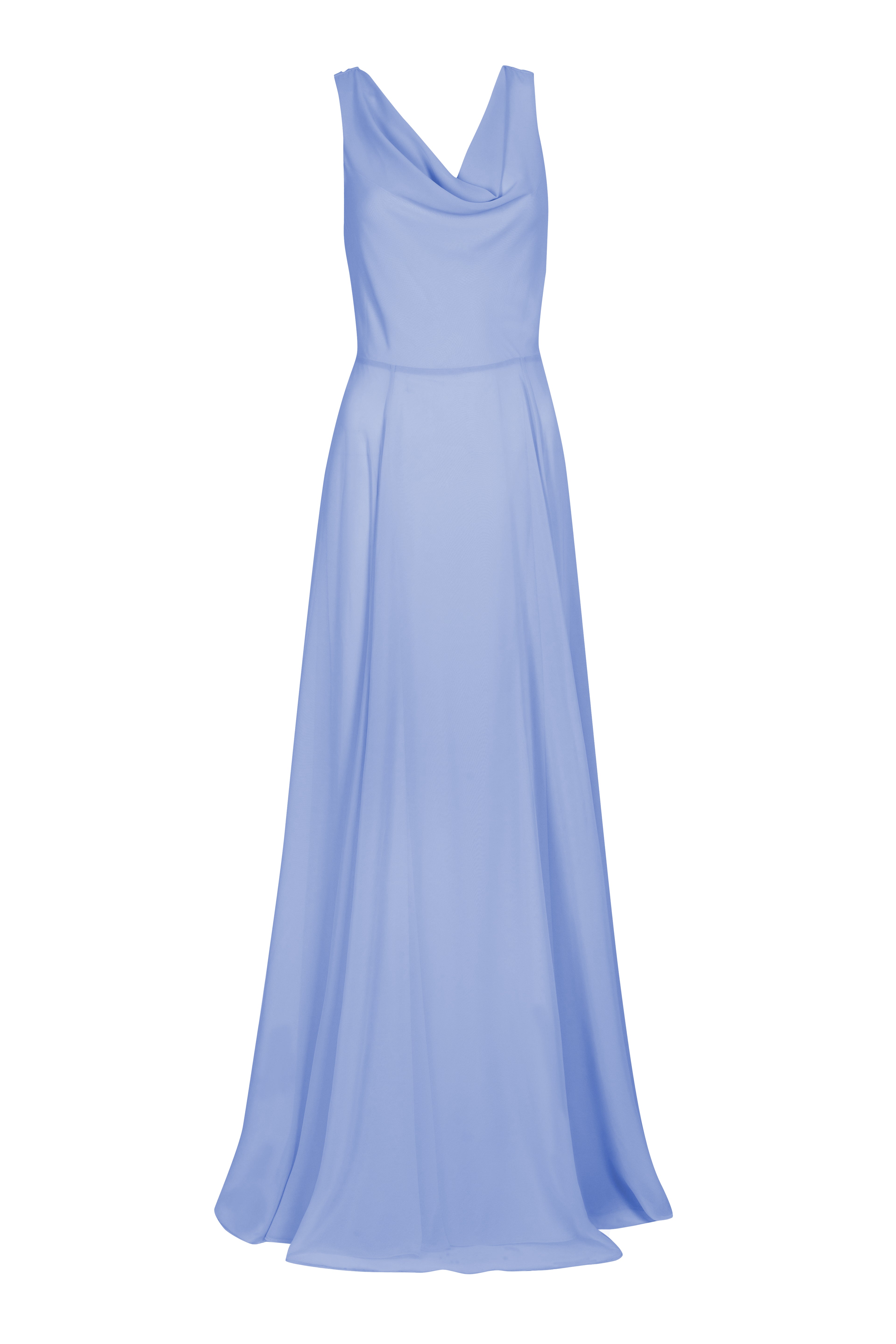 A long blue bridesmaid dress with cowl neck and cowl back in french blue chiffon.