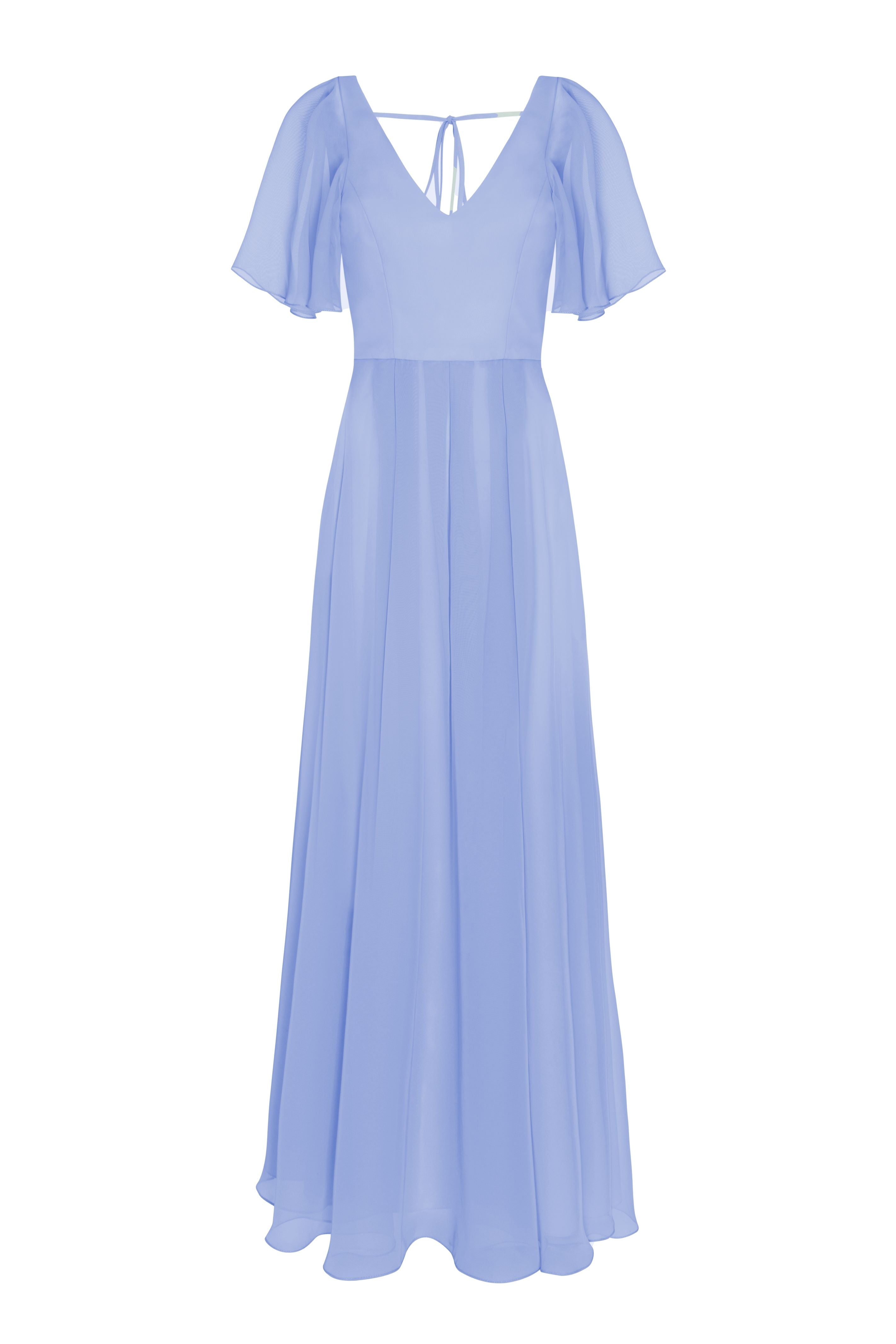 a long blue dress with short sleeves, V neck and a line skirt in french blue chiffon.