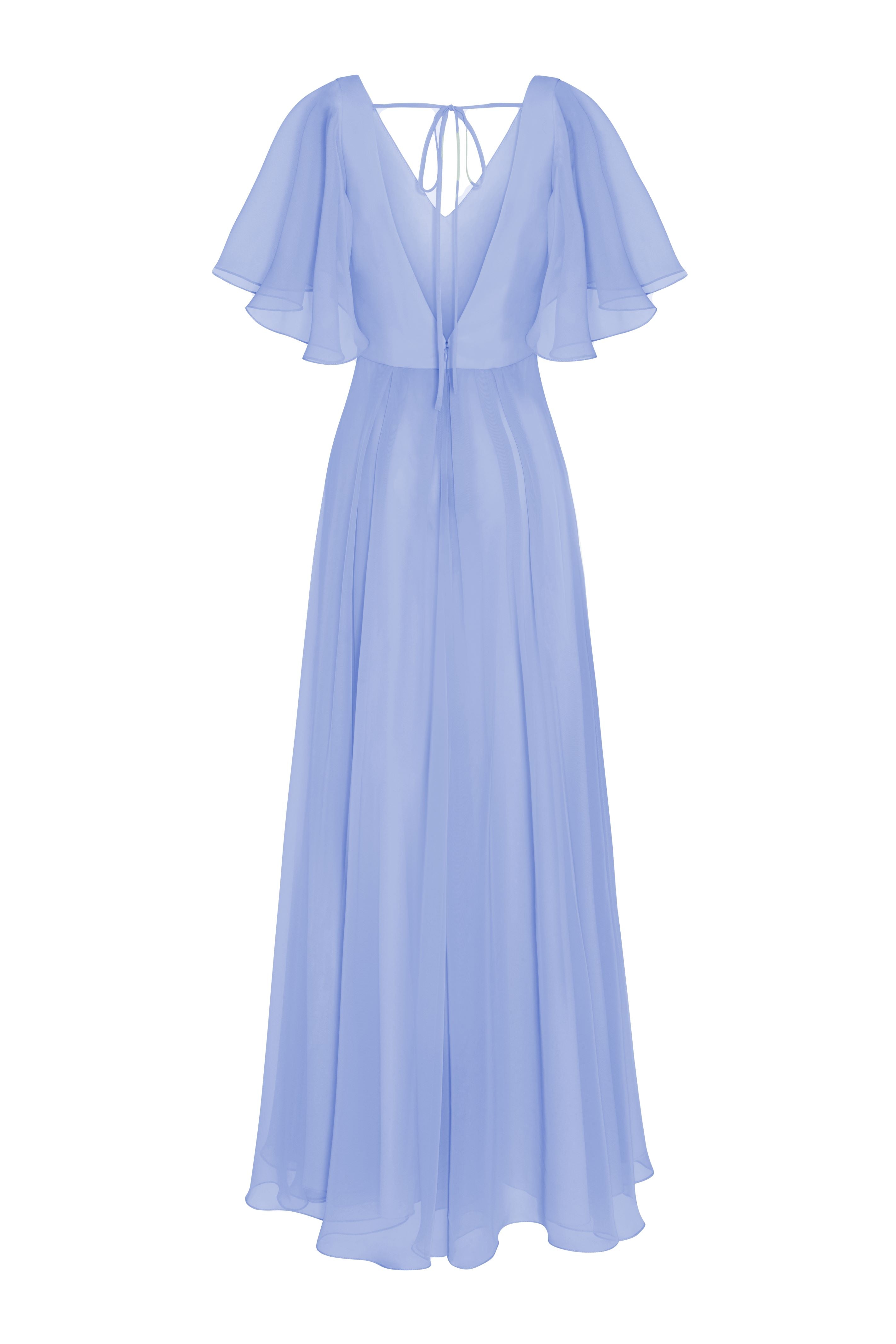 a long blue dress with short sleeves, V neck and a line skirt in french blue chiffon.
