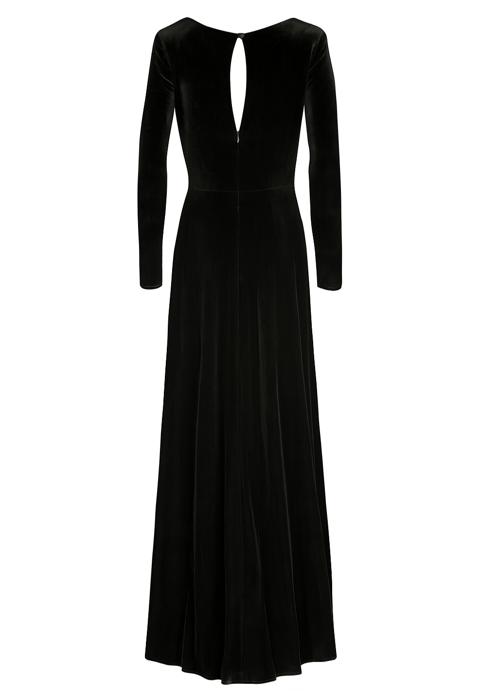  a long black bridesmaid dress with long sleeves and twist knot detail in velvet.