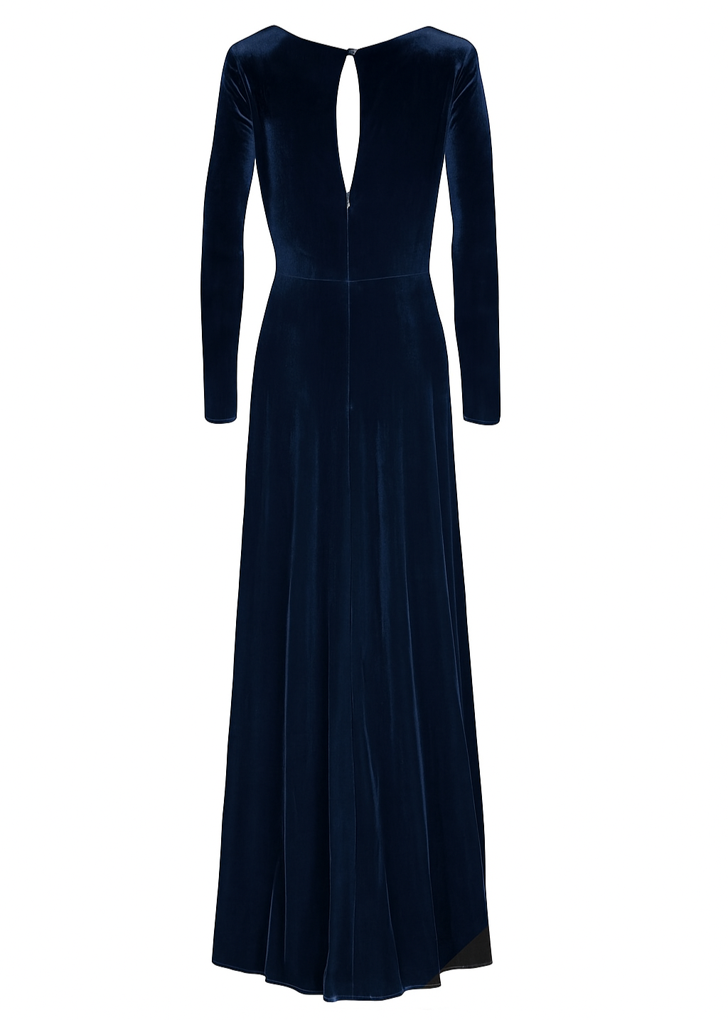 Woman wearing a long navy bridesmaid dress with long sleeves and twist knot detail in velvet.