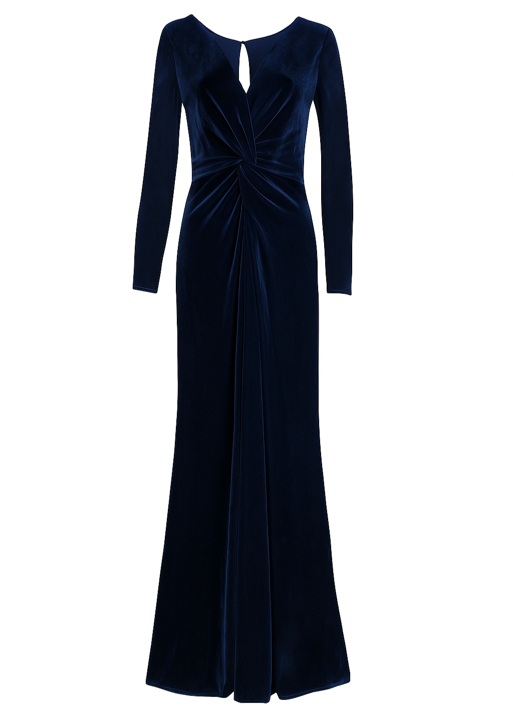  a long navy bridesmaid dress with long sleeves and twist knot detail in velvet.