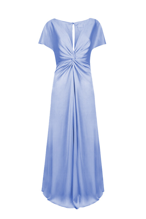 Woman wearing a long blue bridesmaid dress with sleeves, twist knot and bra friendly high back, in french blue satin.