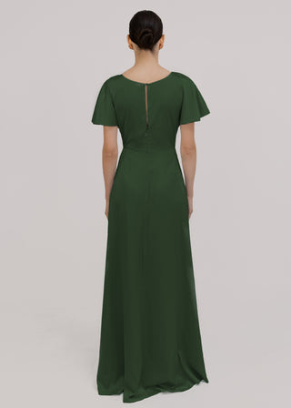 Woman wearing a olive green bridesmaid dress with twist detail at front by TH&TH.