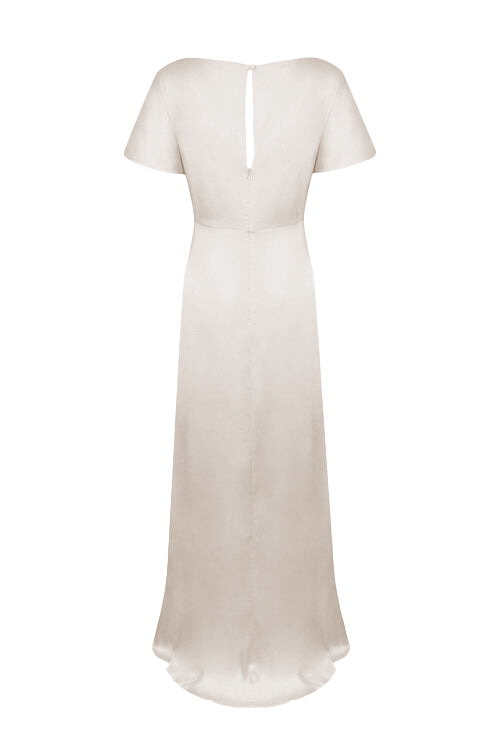 Oyster satin bridesmaid dress back view by TH&TH.