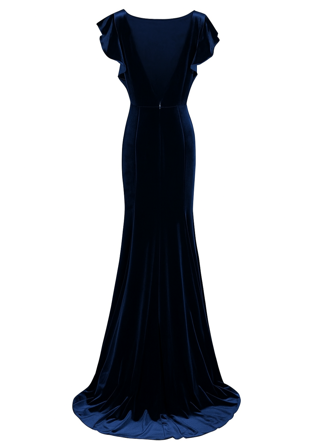 Woman wearing a long navy bridesmaid dress with flutter sleeves and high neck in velvet.