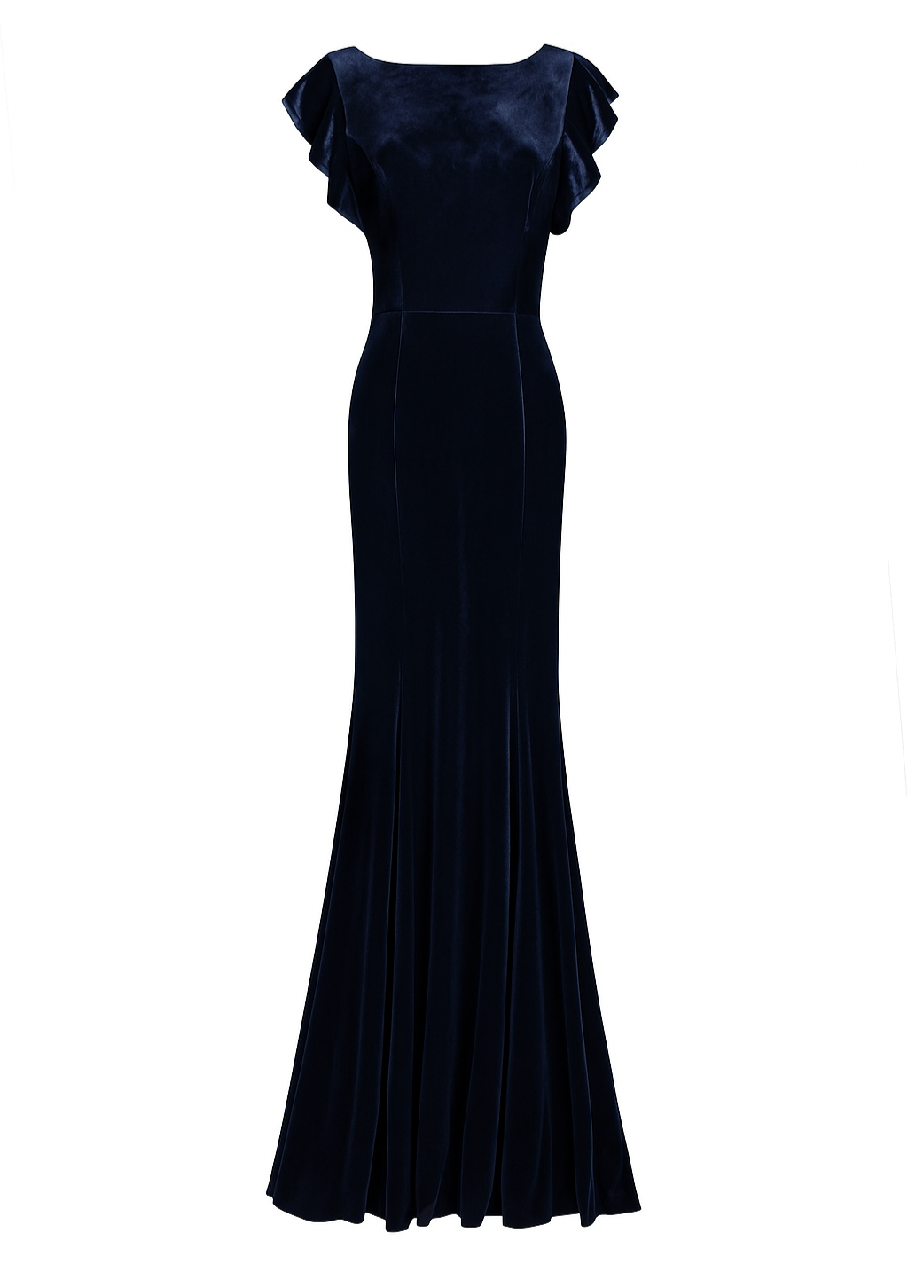 a long navy bridesmaid dress with flutter sleeves and high neck in velvet.
