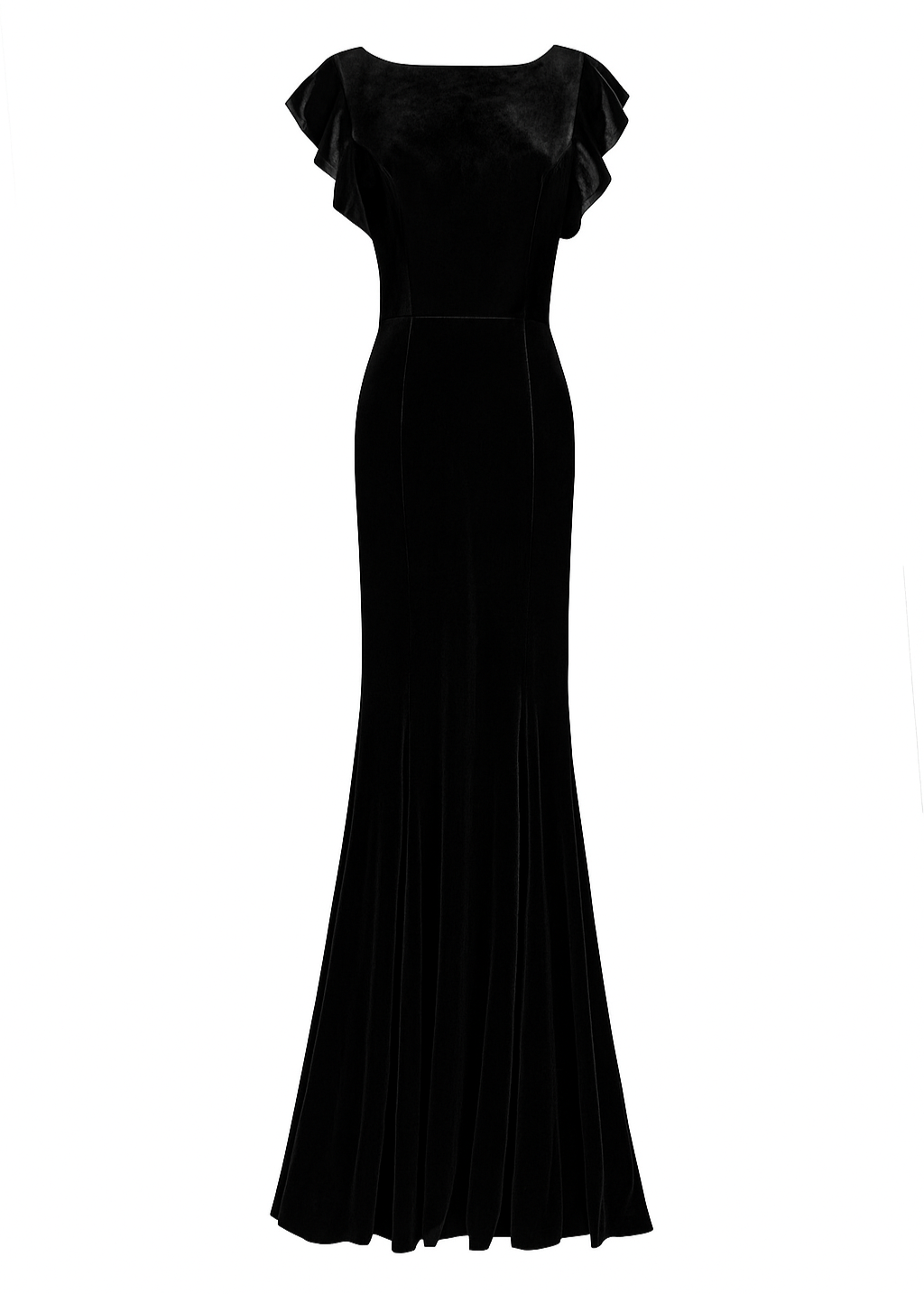 Woman wearing a long black bridesmaid dress with flutter sleeves and high neck in velvet.