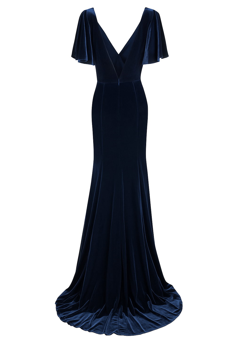 a long navy bridesmaid dress with angel sleeves and V neck in velvet.