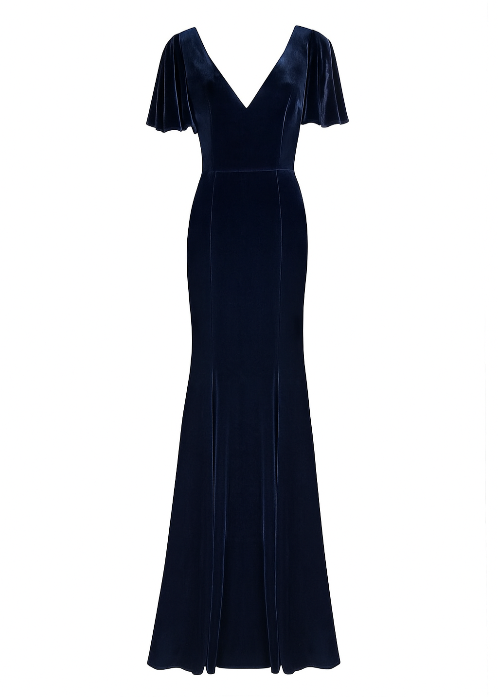  a long navy bridesmaid dress with angel sleeves and V neck in velvet.
