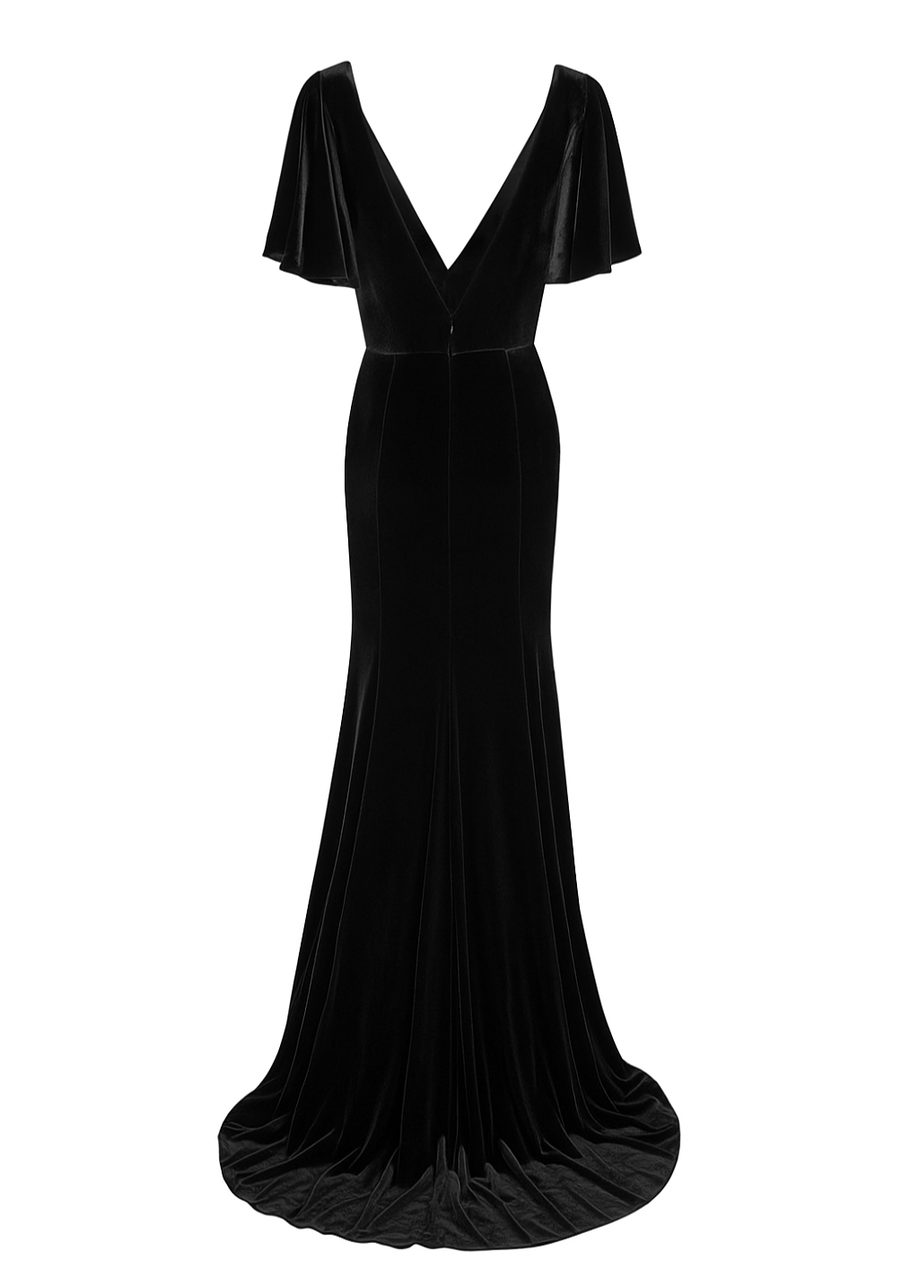 Woman wearing a long black bridesmaid dress with angel sleeves and V neck in velvet.