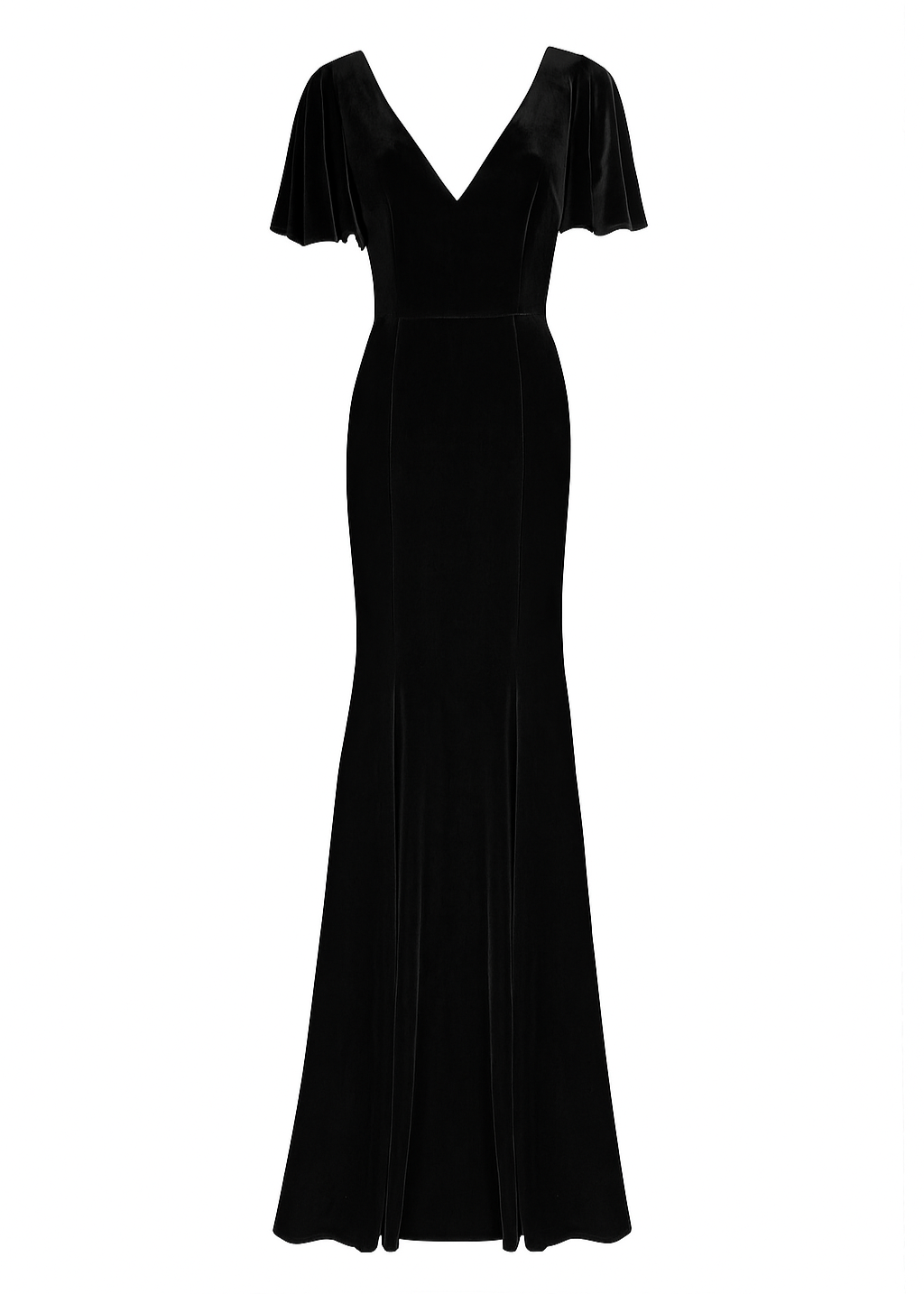Woman wearing a long black bridesmaid dress with angel sleeves and V neck in velvet.