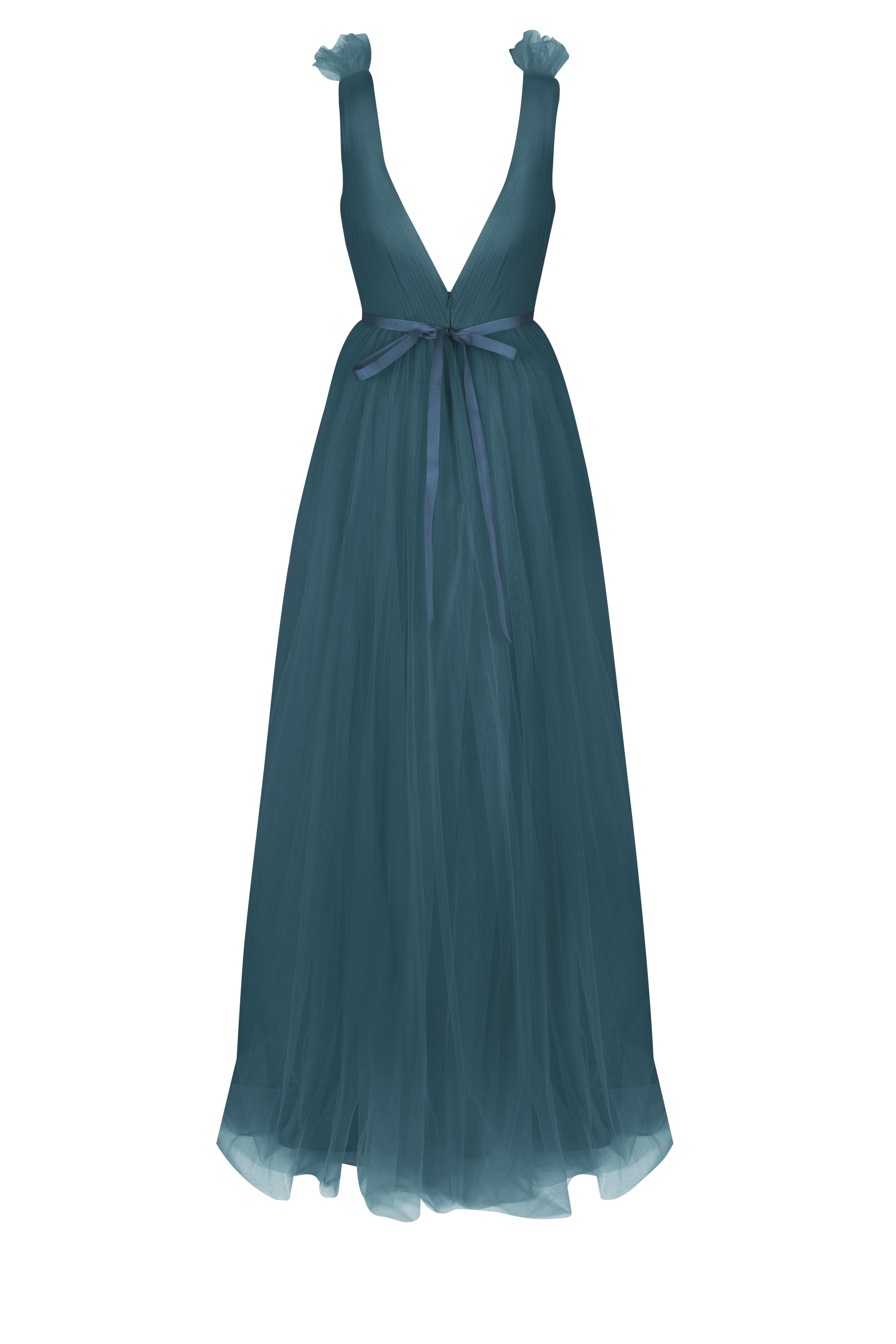 a long emerald dawn green bridesmaid dress with v neck and full skirt in tulle.
