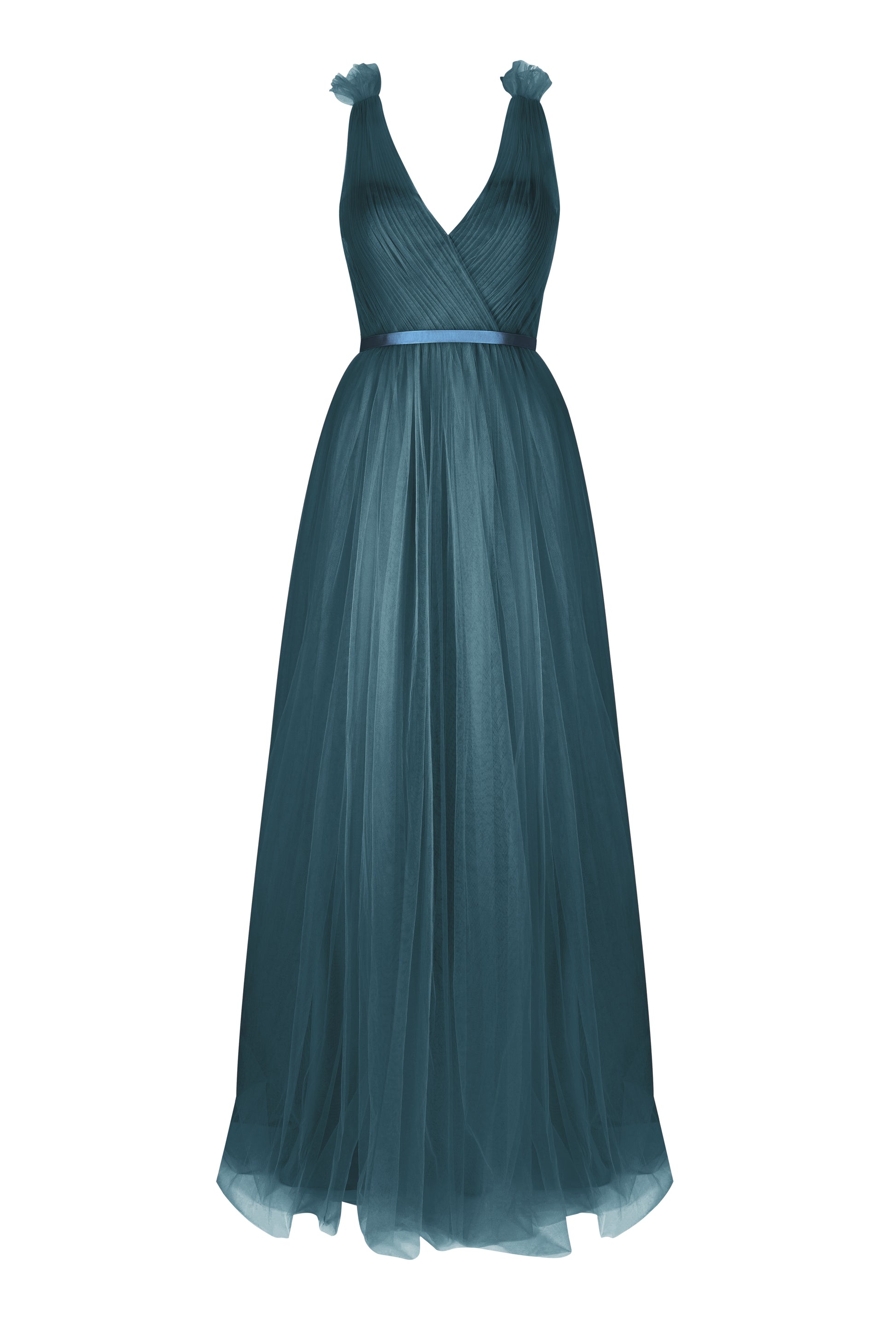  a long emerald dawn green bridesmaid dress with v neck and full skirt in tulle.
